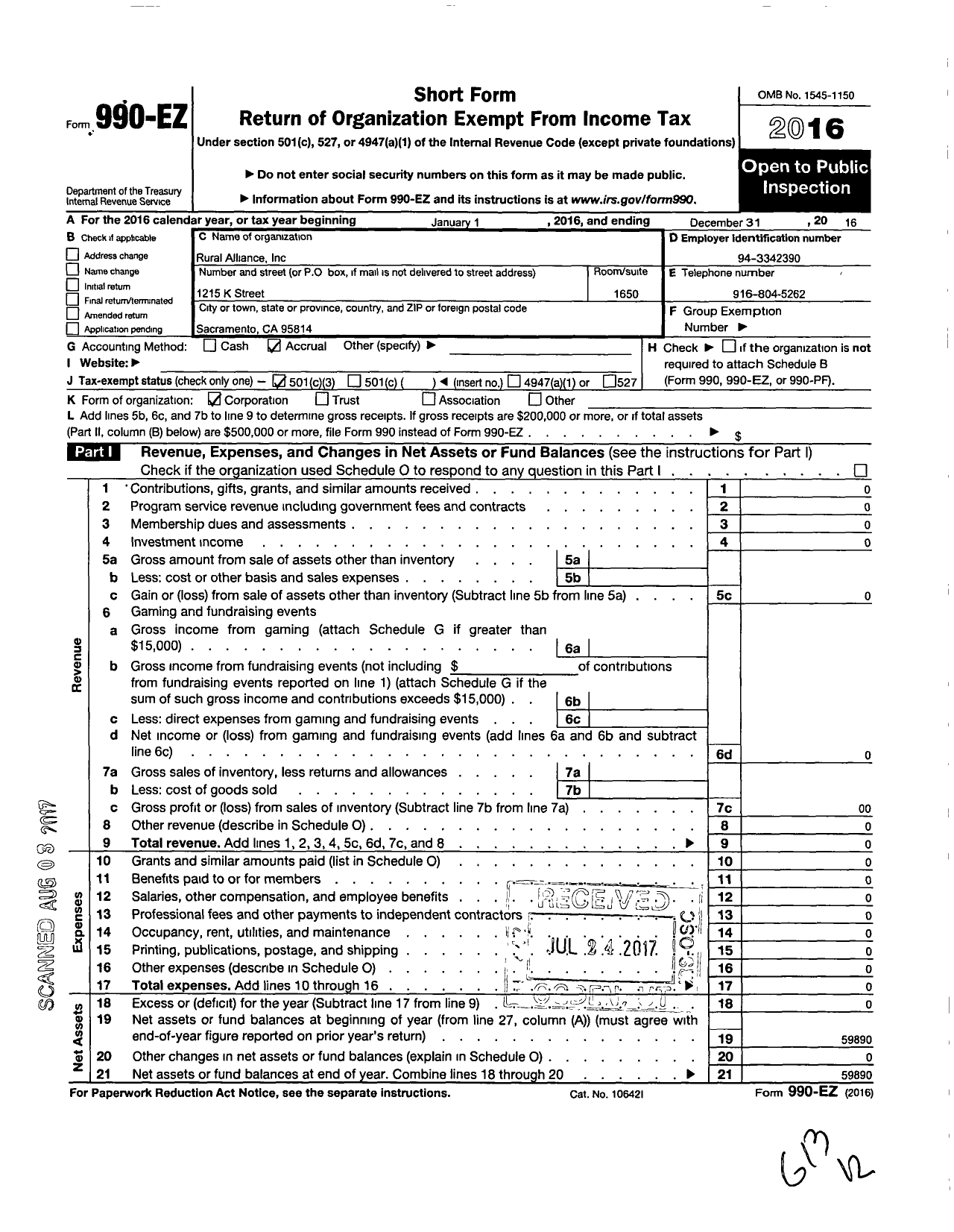 Image of first page of 2016 Form 990EZ for Rural Alliance