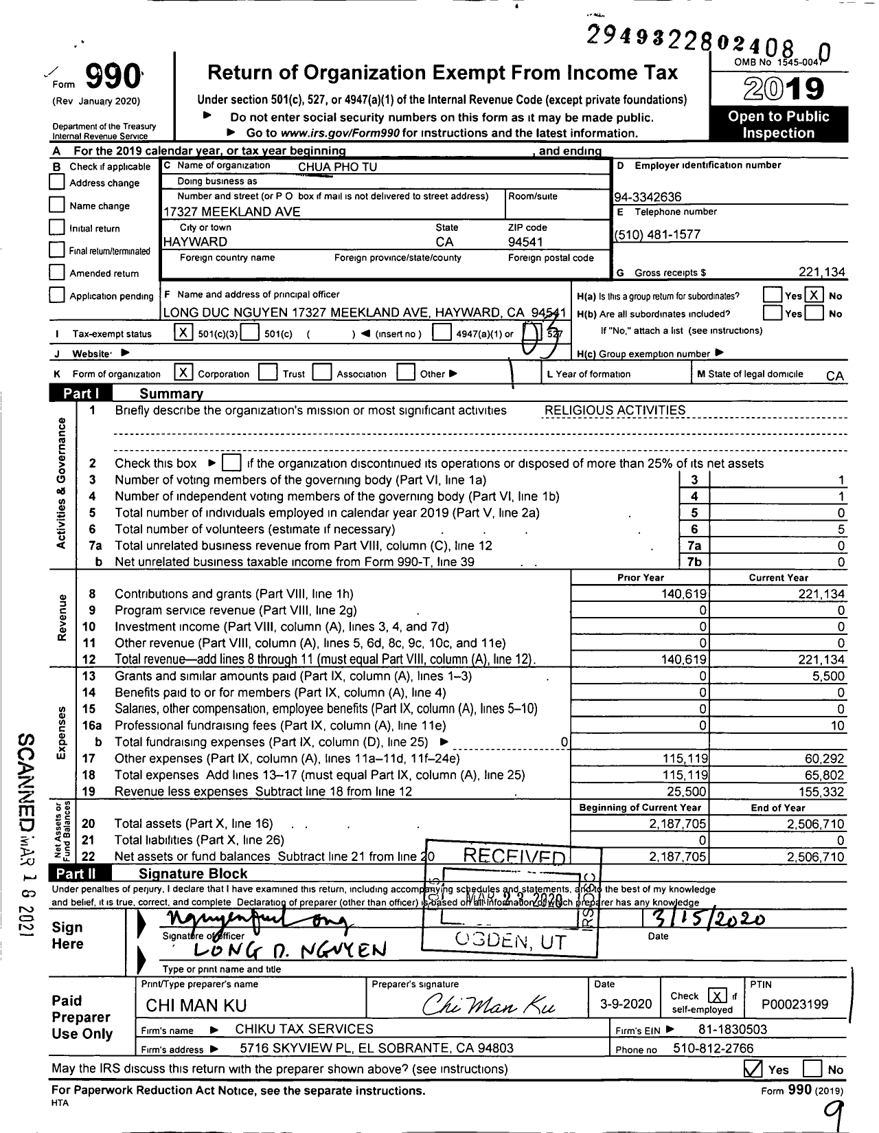 Image of first page of 2019 Form 990 for Chua Pho Tu