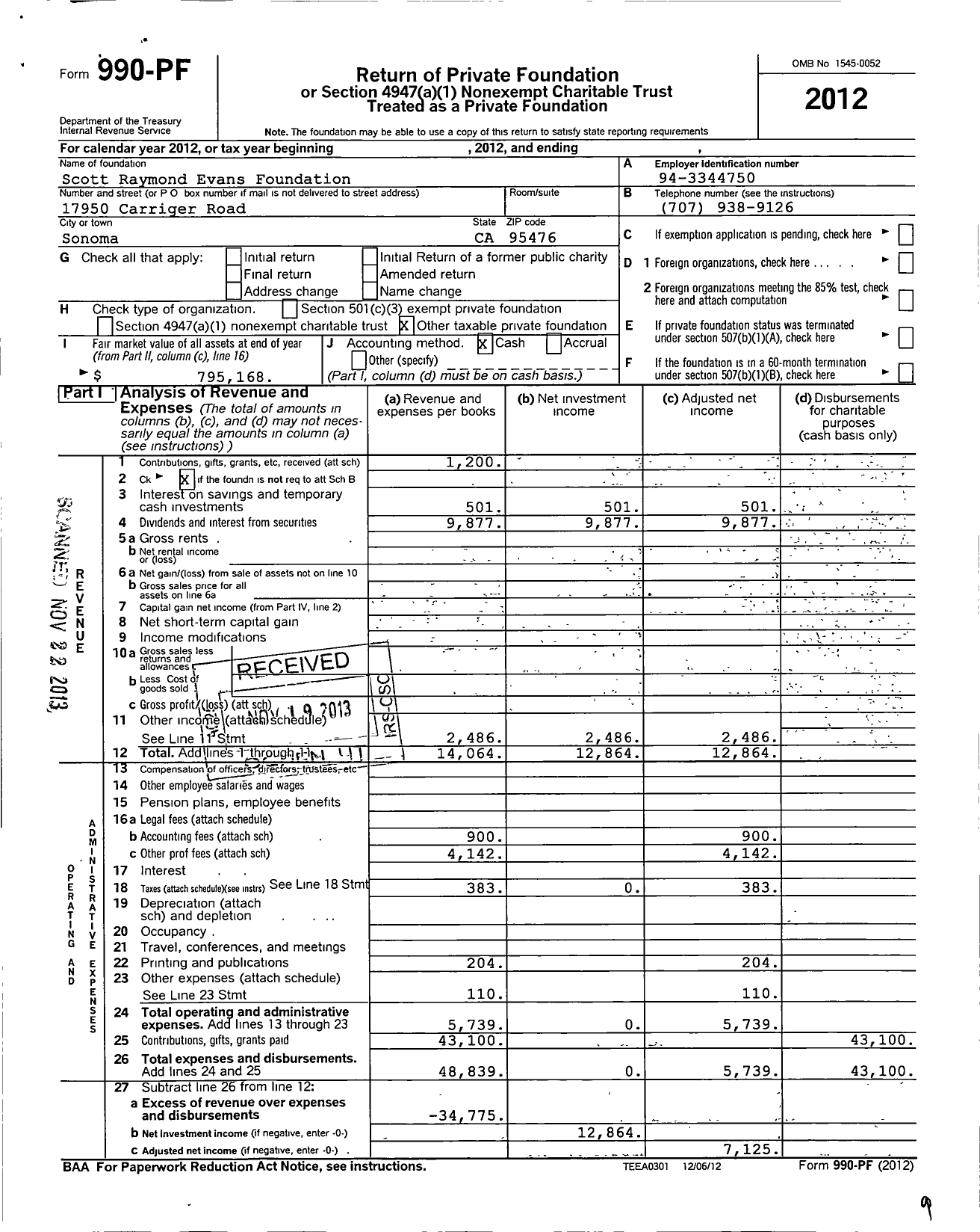 Image of first page of 2012 Form 990PF for Scott Raymond Evans Foundation