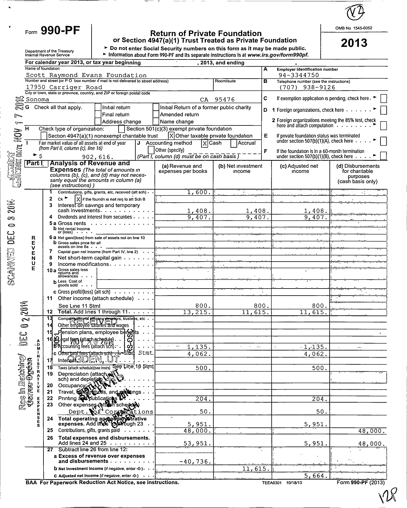Image of first page of 2013 Form 990PF for Scott Raymond Evans Foundation