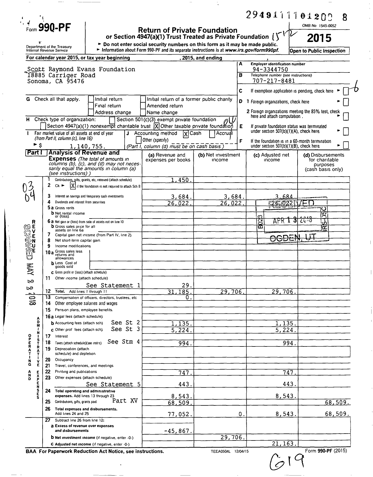 Image of first page of 2015 Form 990PF for Scott Raymond Evans Foundation
