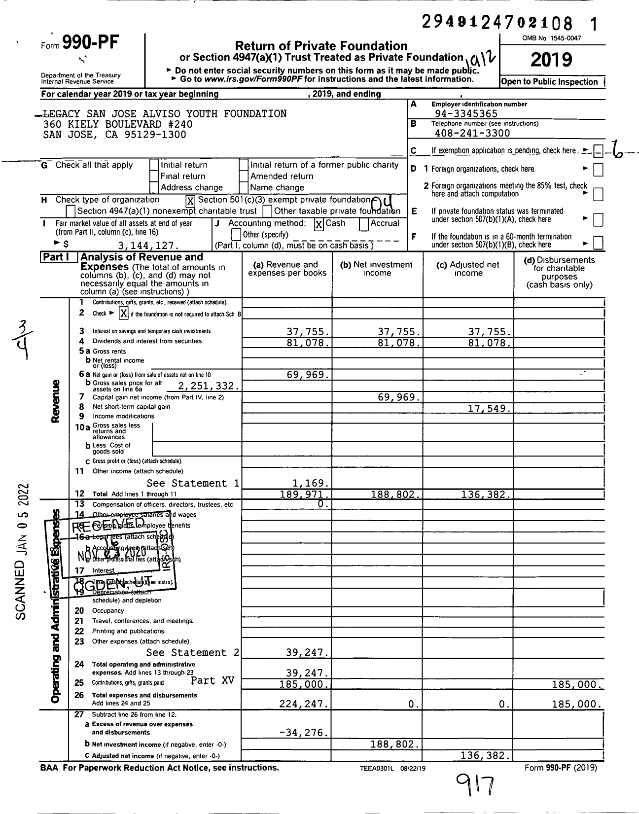 Image of first page of 2019 Form 990PF for Legacy San Jose Alviso Youth Foundation