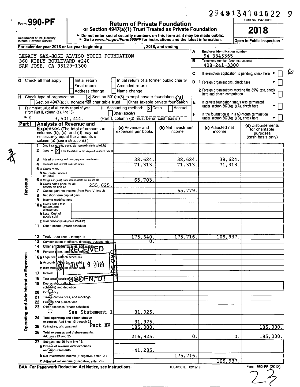 Image of first page of 2018 Form 990PF for Legacy San Jose Alviso Youth Foundation