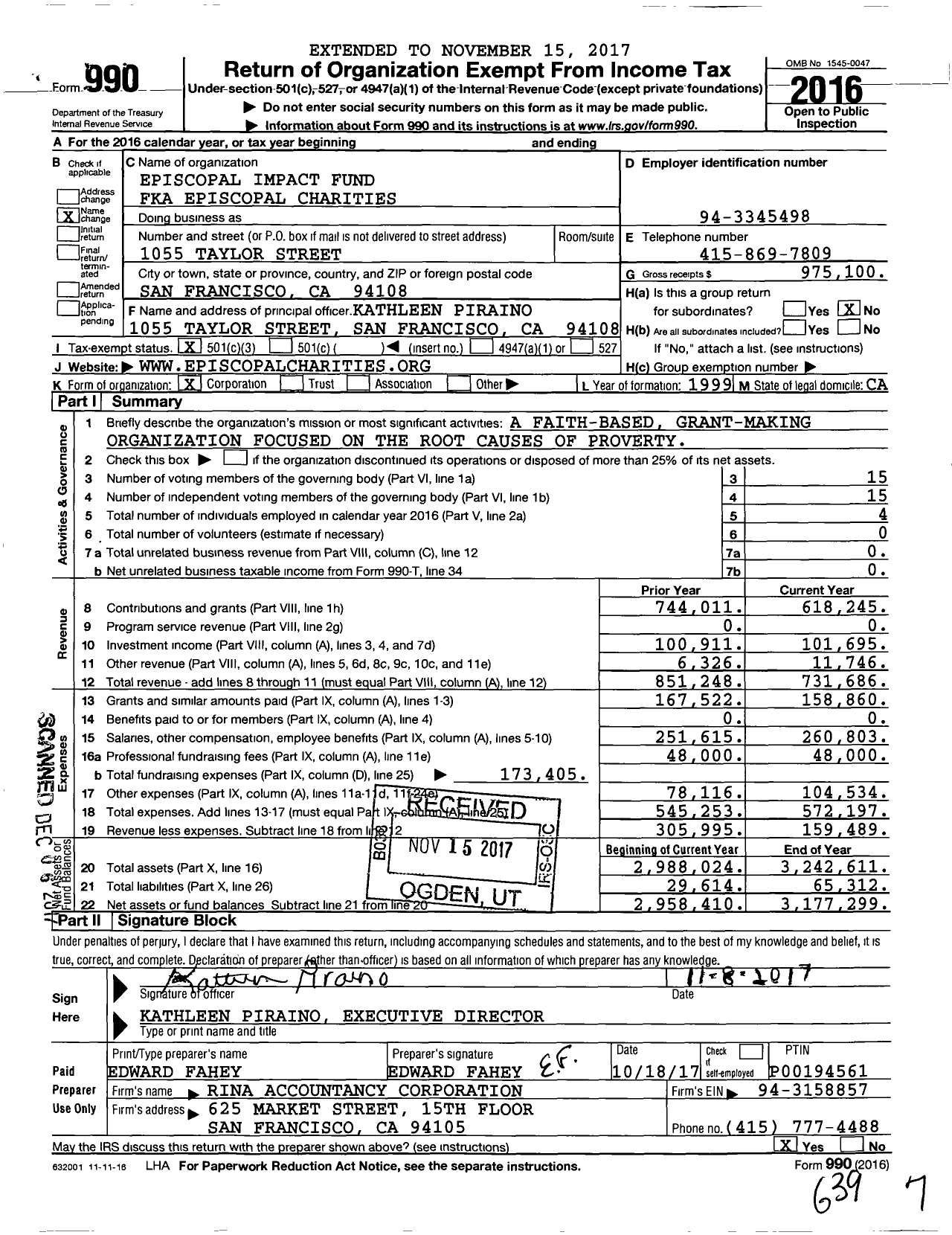Image of first page of 2016 Form 990 for Episcopal Impact Fund