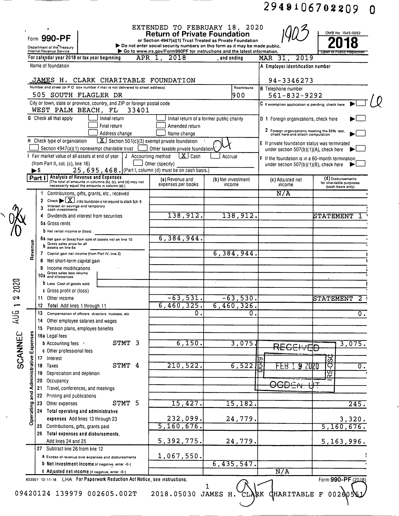 Image of first page of 2018 Form 990PR for James H. Clark Charitable Foundation