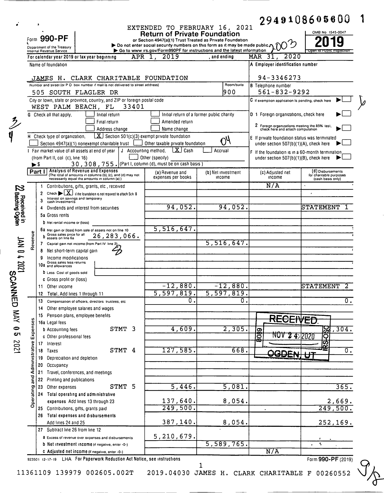 Image of first page of 2019 Form 990PF for James H. Clark Charitable Foundation