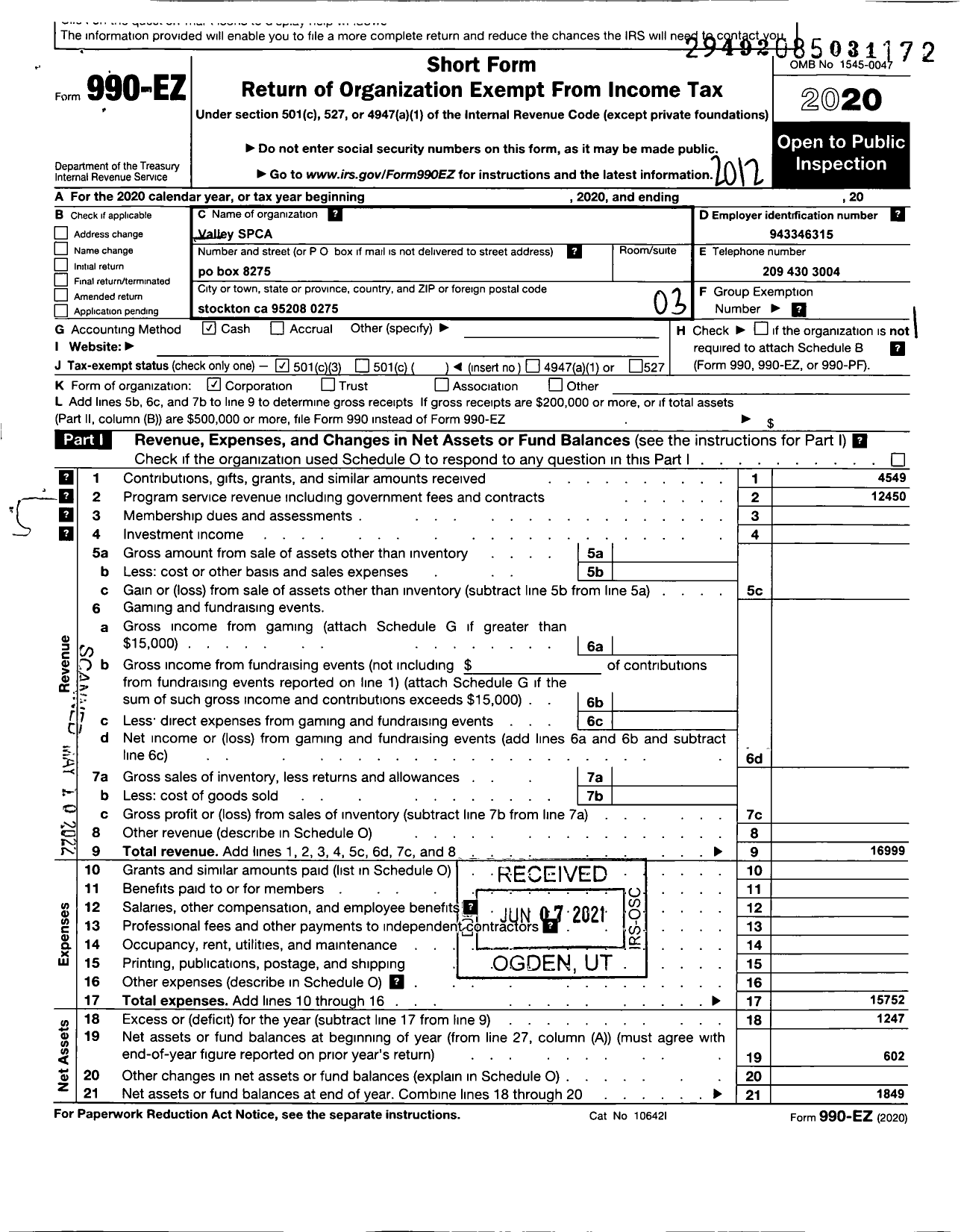 Image of first page of 2020 Form 990EZ for Valley Spca P C A