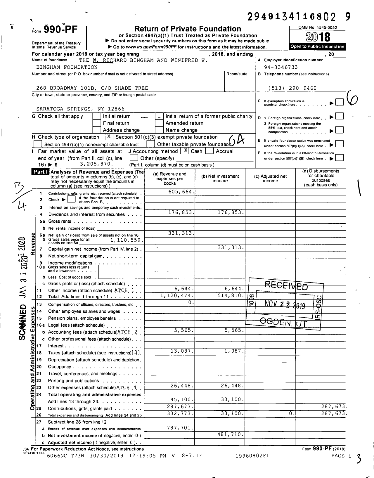 Image of first page of 2018 Form 990PF for The W Richard Bingham and Winifred W Bingham Foundation