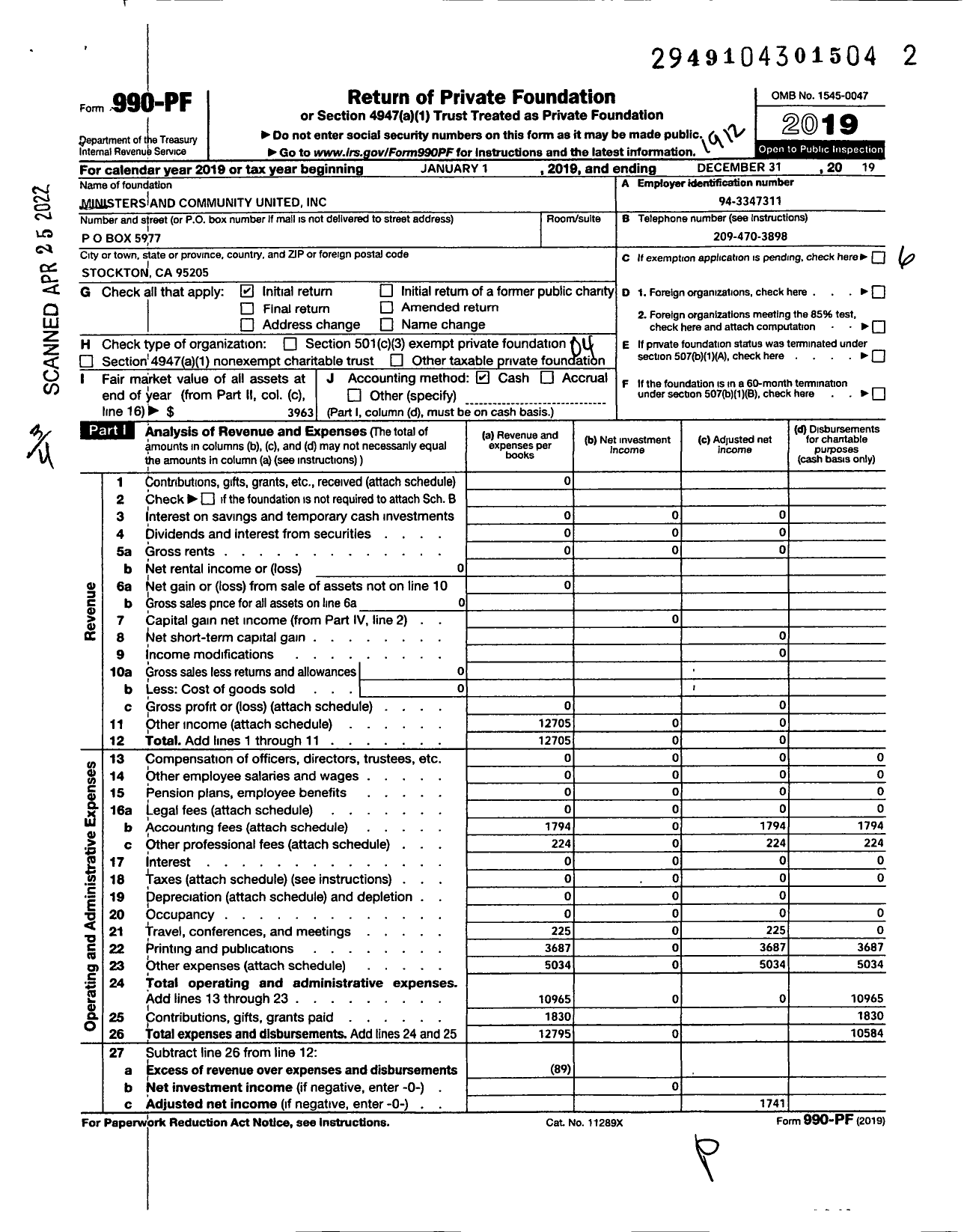 Image of first page of 2019 Form 990PF for Ministers and Community United