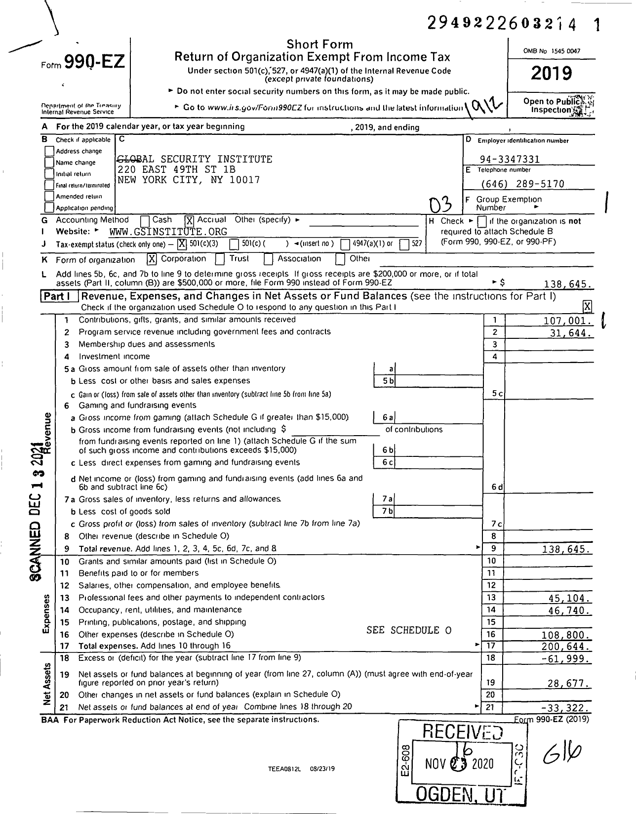 Image of first page of 2019 Form 990EZ for Global Security Institute