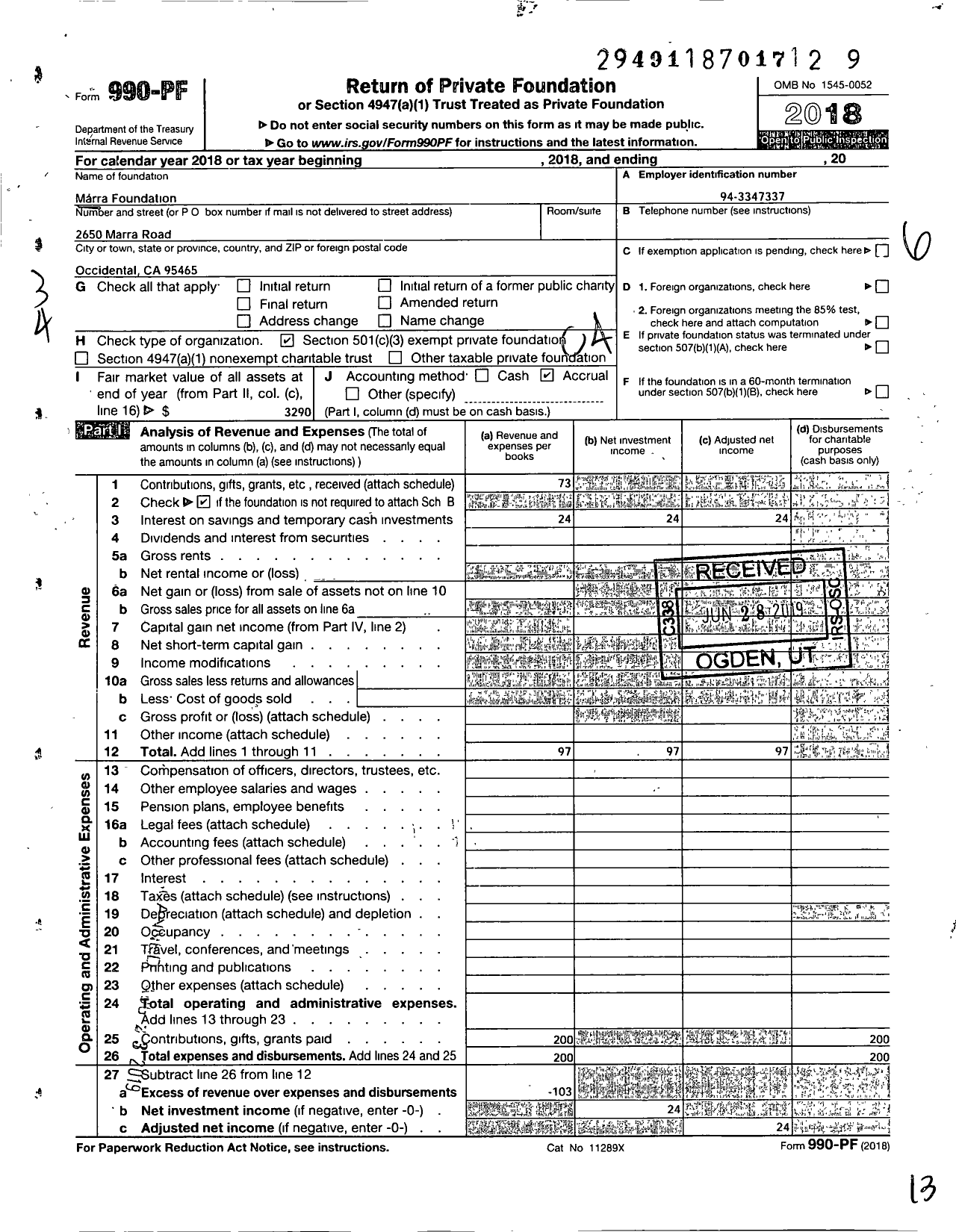 Image of first page of 2018 Form 990PF for Marra Foundation