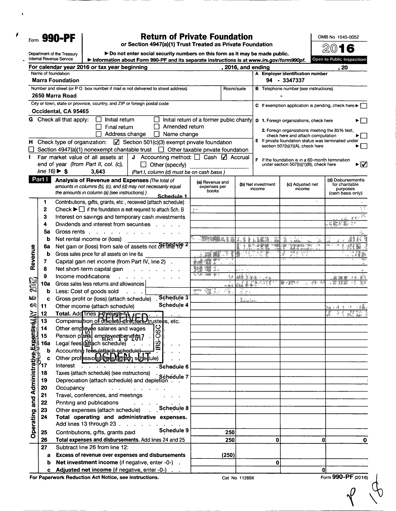 Image of first page of 2016 Form 990PF for Marra Foundation