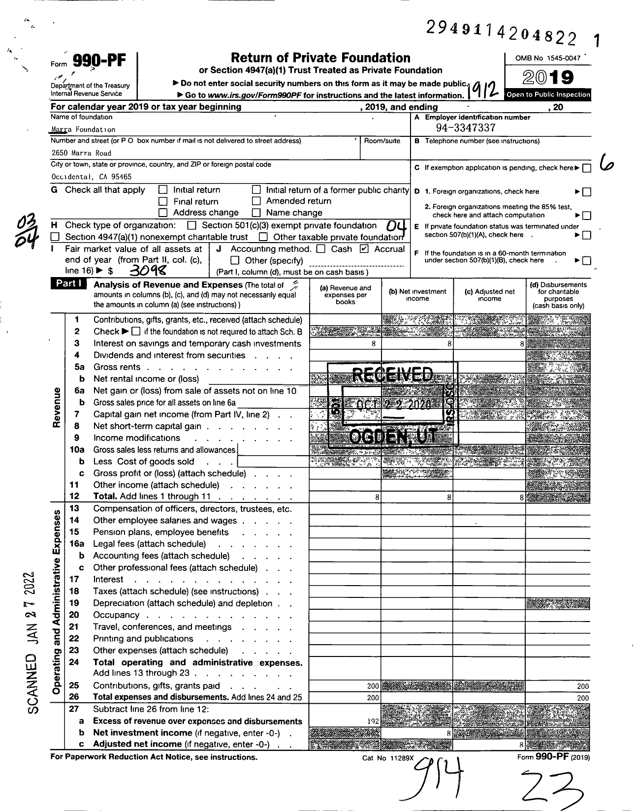 Image of first page of 2019 Form 990PF for Marra Foundation