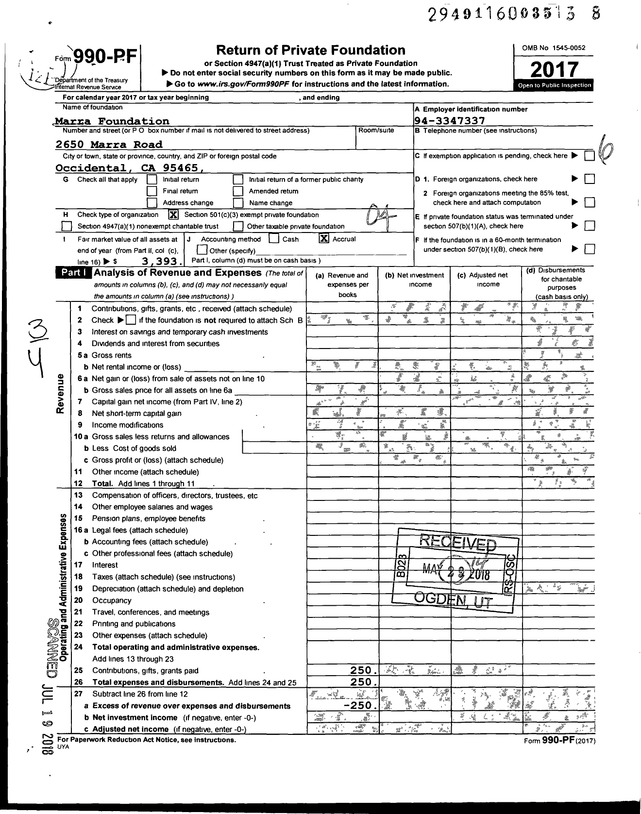 Image of first page of 2017 Form 990PF for Marra Foundation