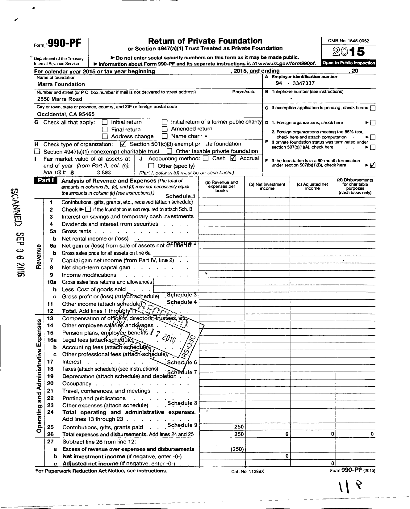 Image of first page of 2015 Form 990PF for Marra Foundation