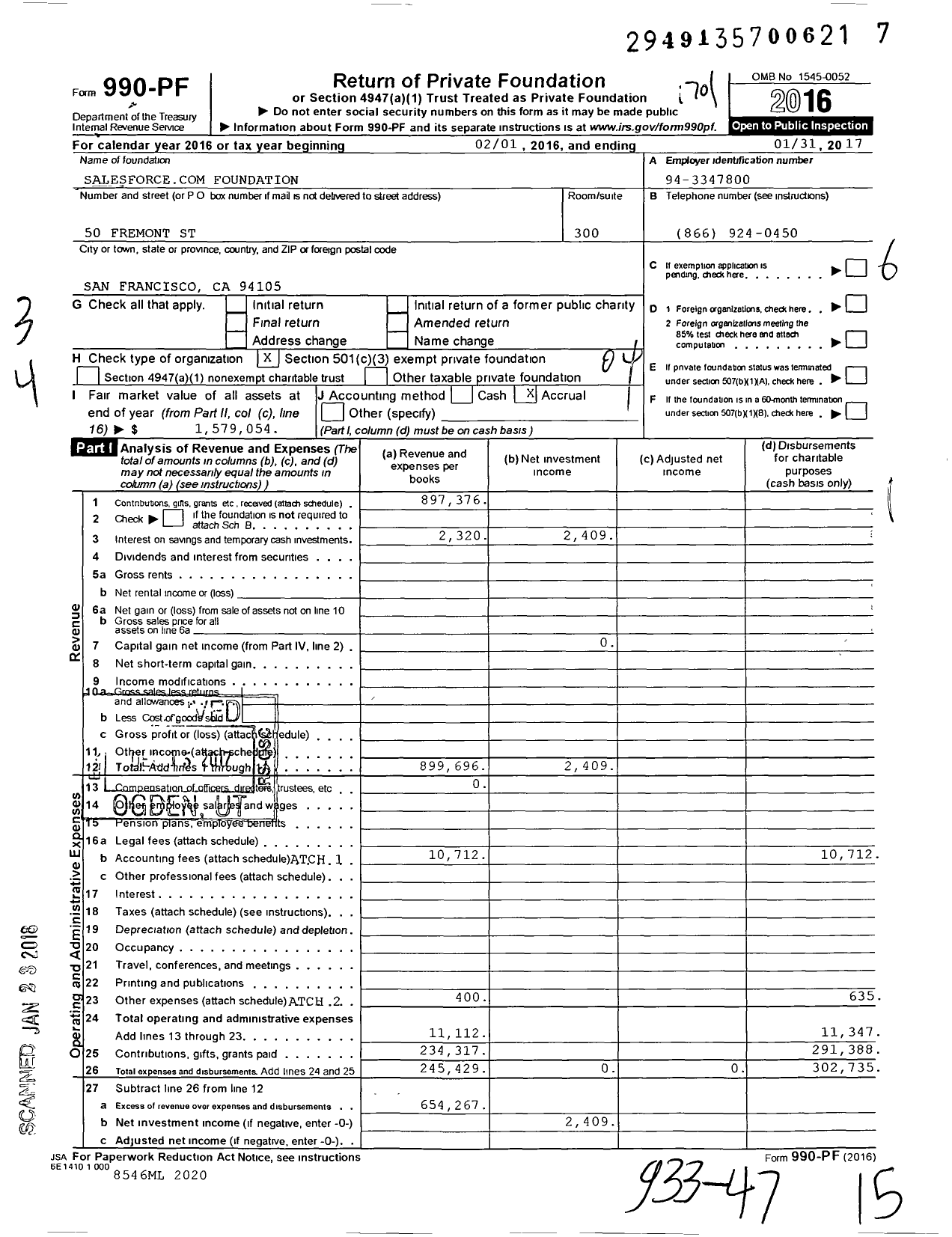 Image of first page of 2016 Form 990PF for Salesforce Foundation