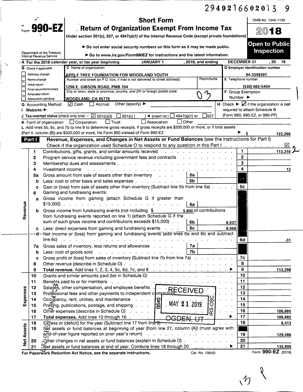 Image of first page of 2018 Form 990EZ for Apple Tree Foundation for Woodland Youth