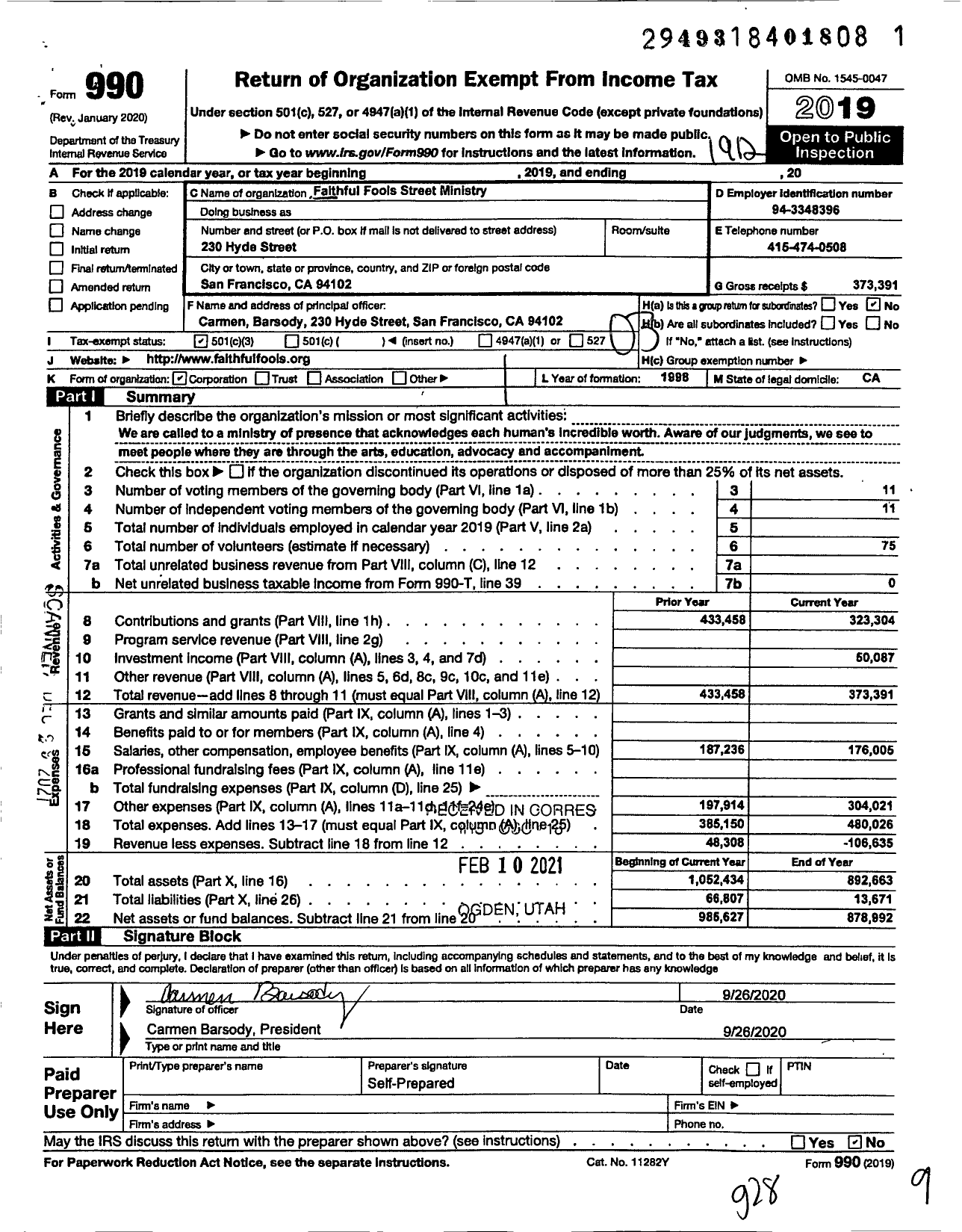 Image of first page of 2019 Form 990 for Faithful Fools Street Ministry