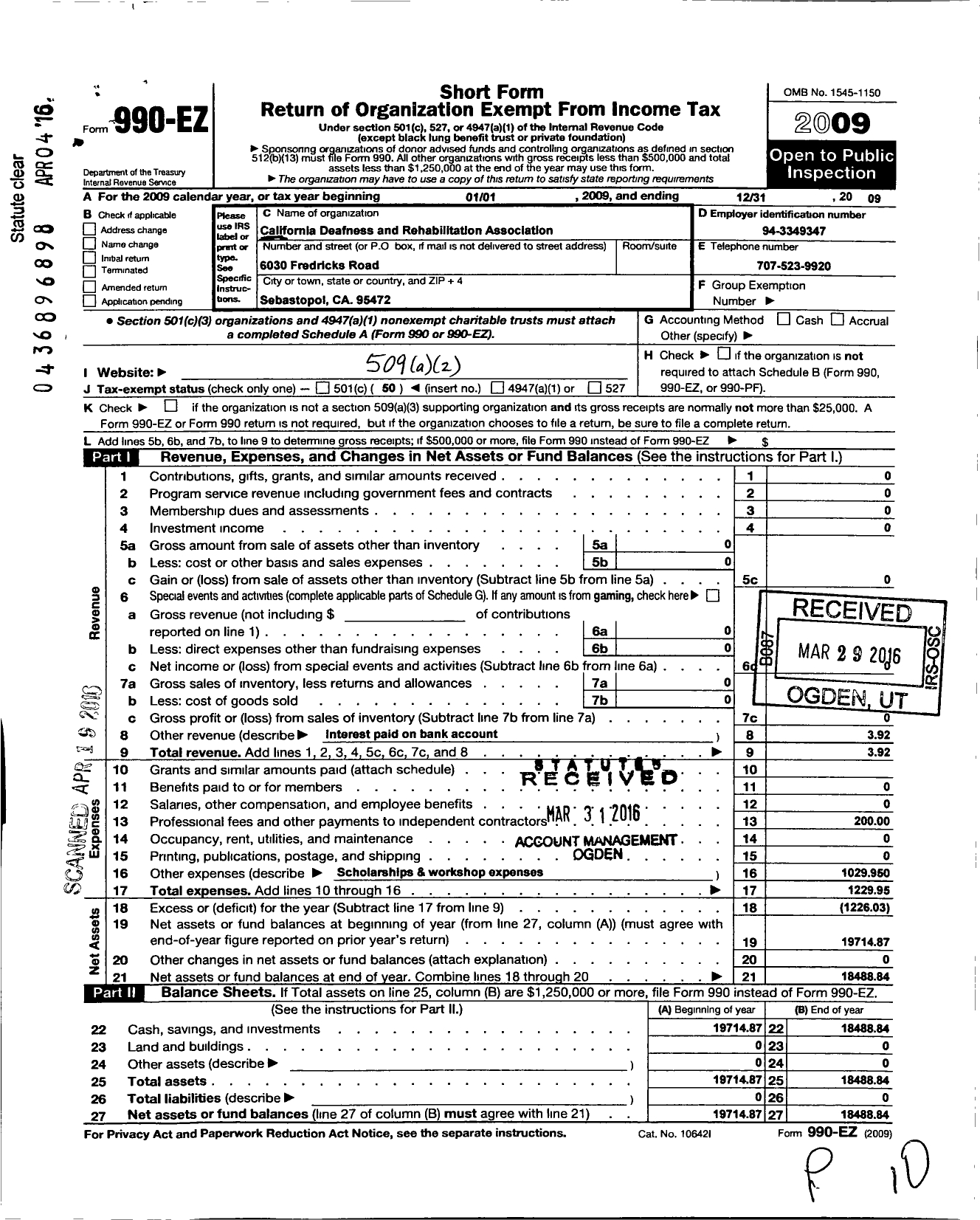 Image of first page of 2009 Form 990EO for California Deafness and Rehabilitation Association