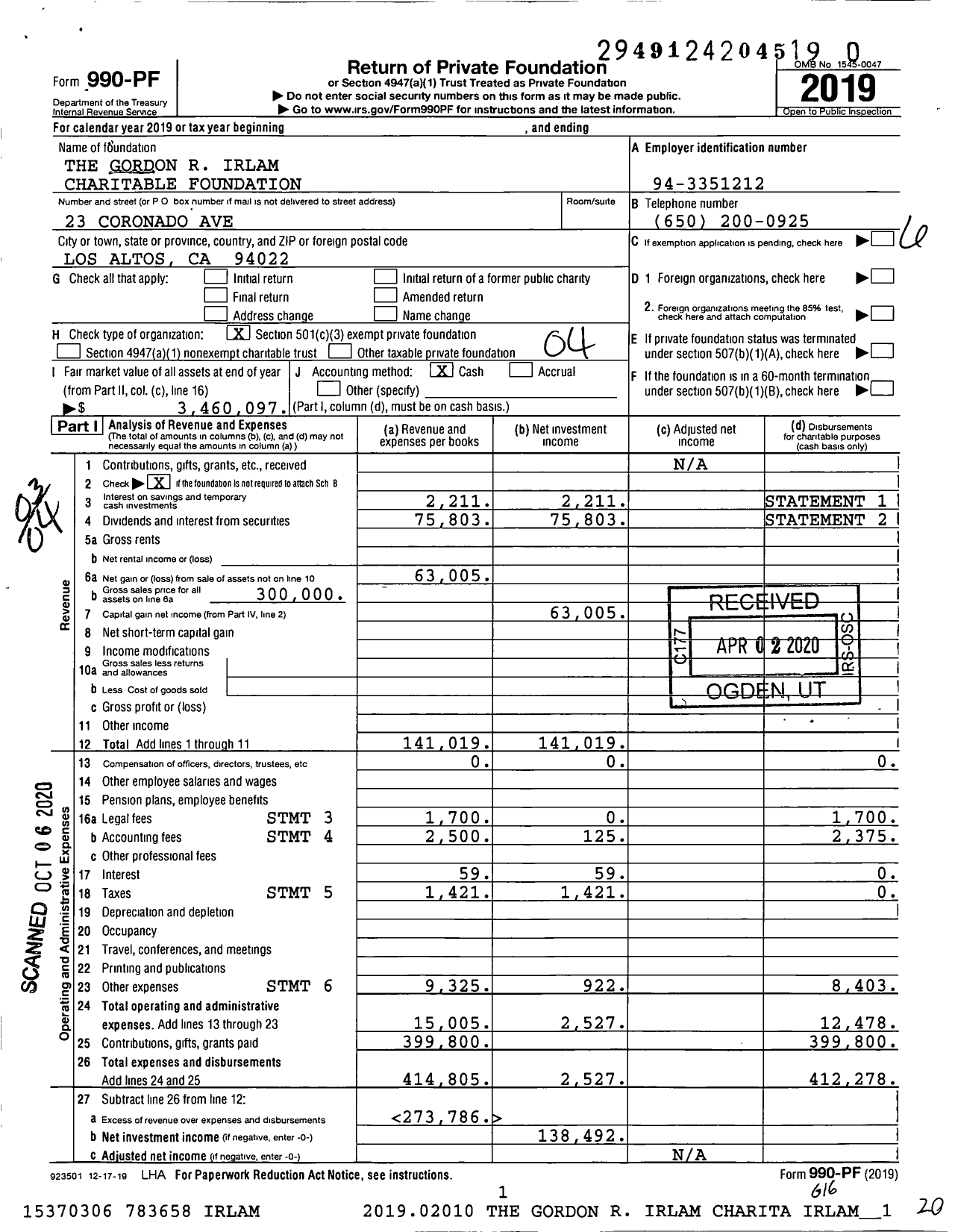 Image of first page of 2019 Form 990PR for The Gordon R Irlam Charitable Foundation