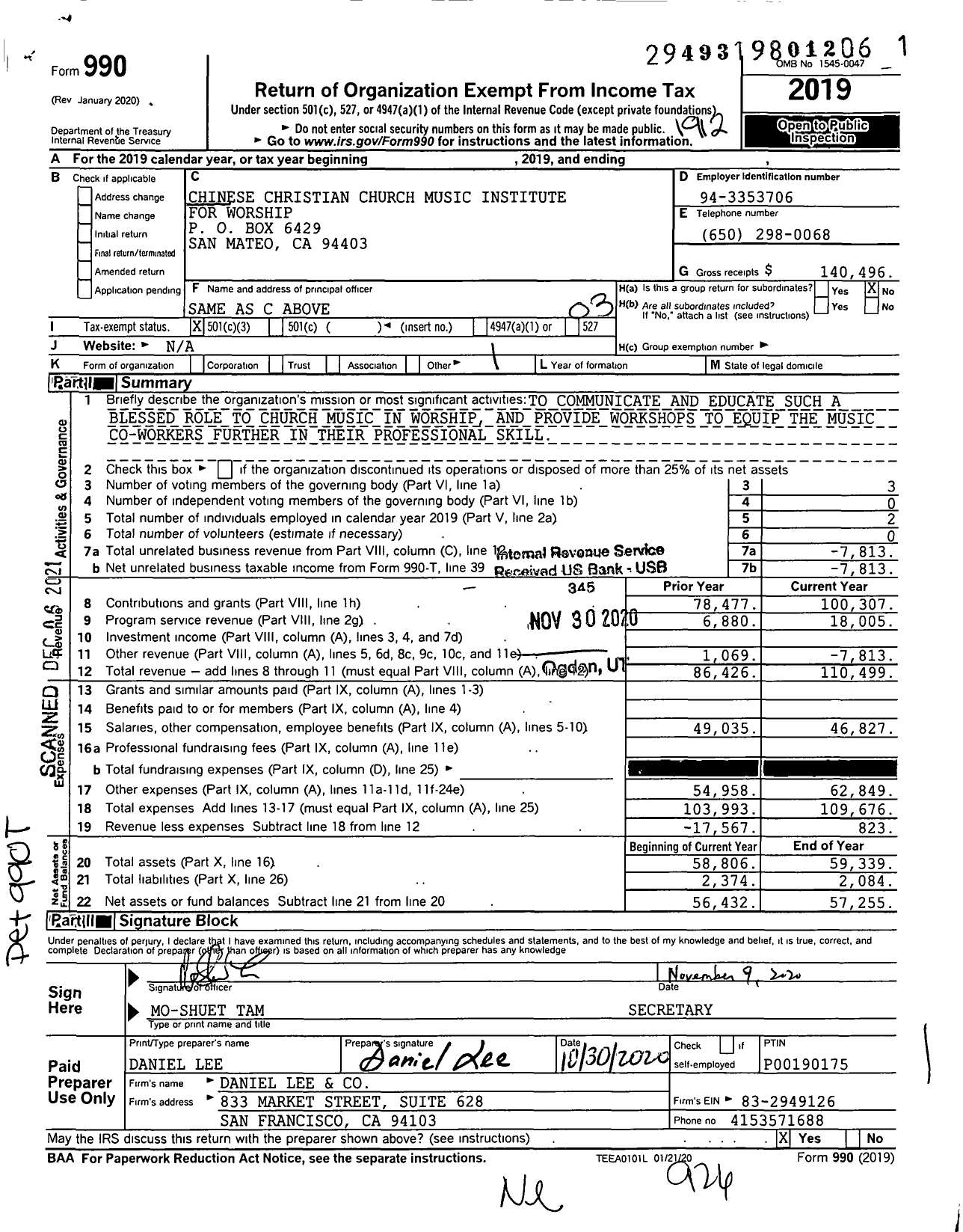 Image of first page of 2019 Form 990 for Chinese Christian Church Music Institute for Worship