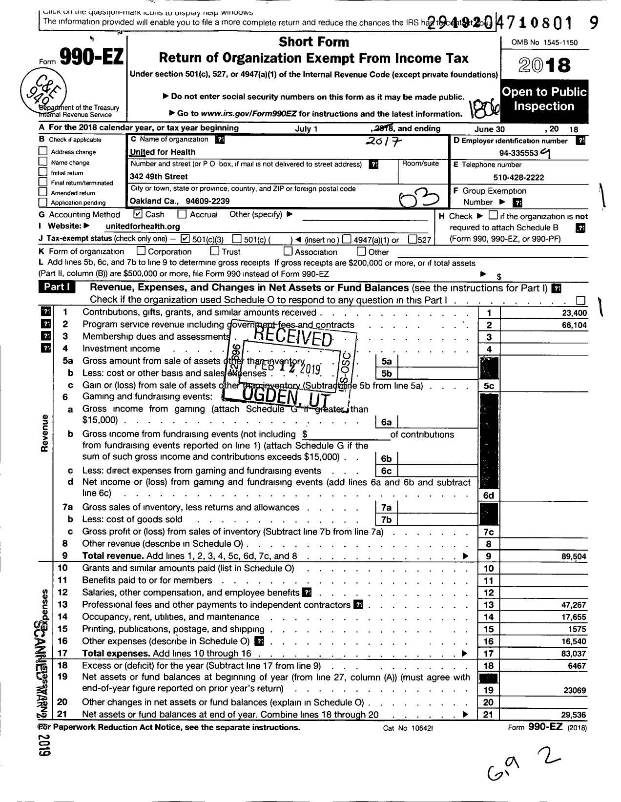 Image of first page of 2017 Form 990EZ for united for health