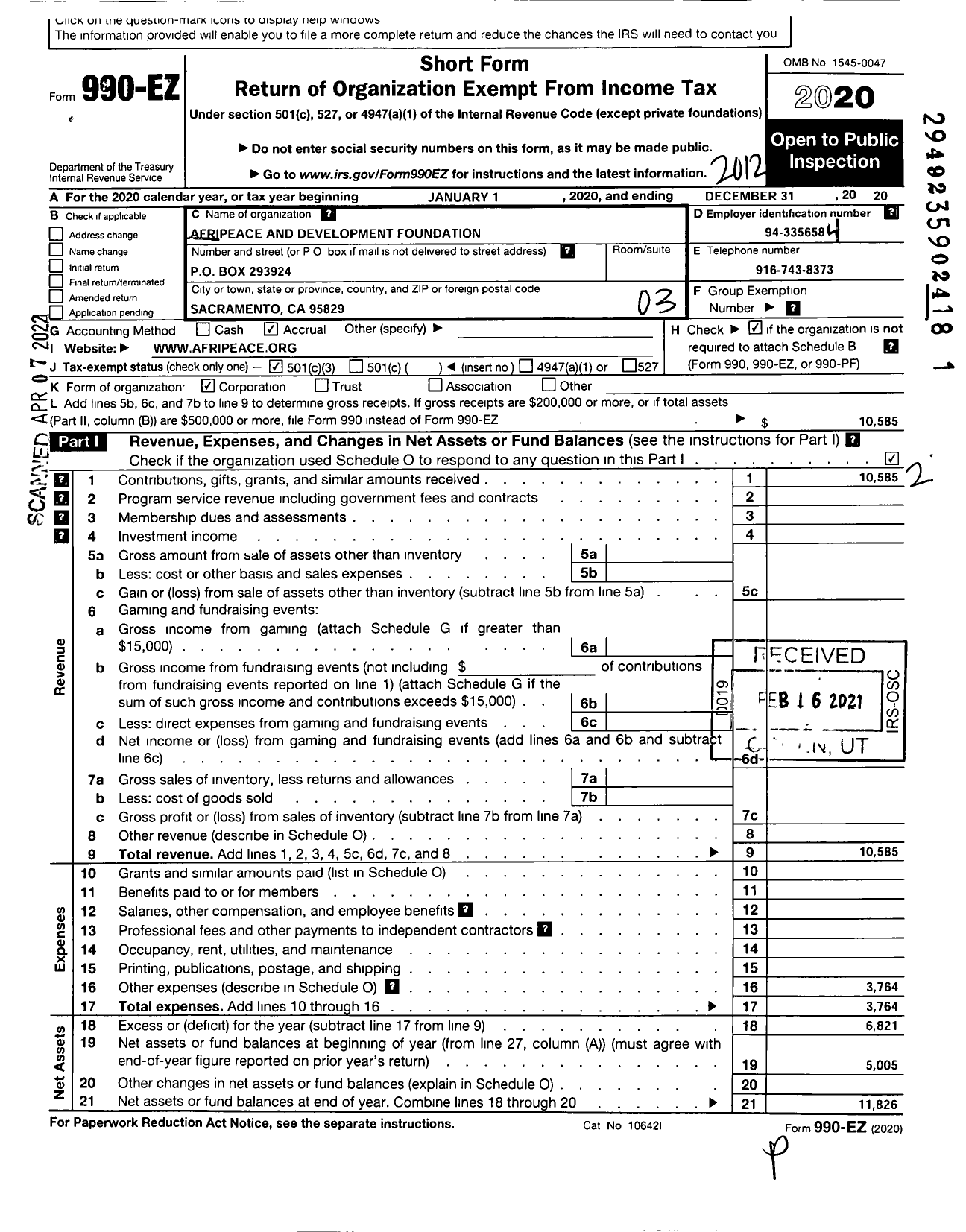 Image of first page of 2020 Form 990EZ for Afripeace and Development Foundation