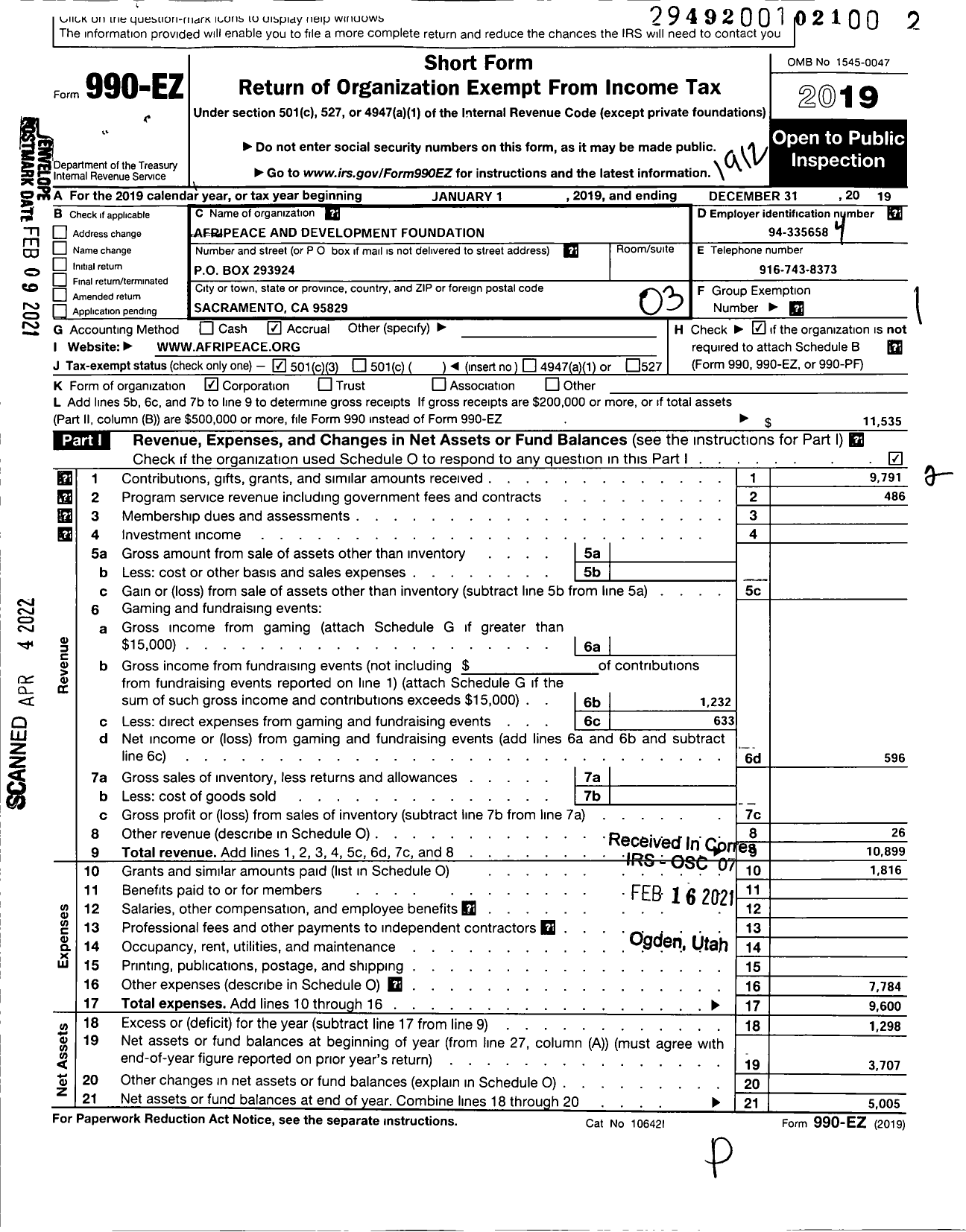 Image of first page of 2019 Form 990EZ for Afripeace and Development Foundation