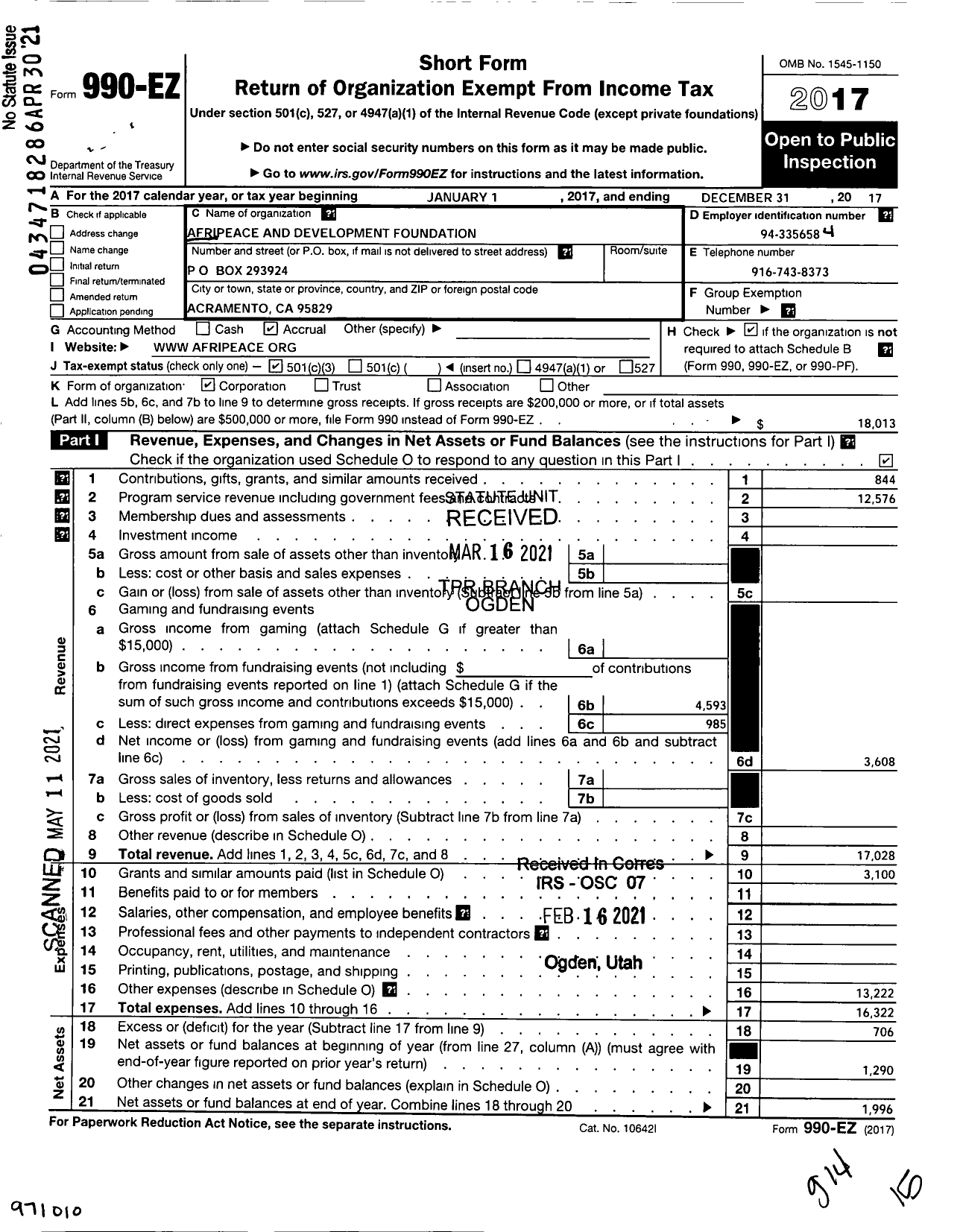 Image of first page of 2017 Form 990EA for Afripeace and Development Foundation