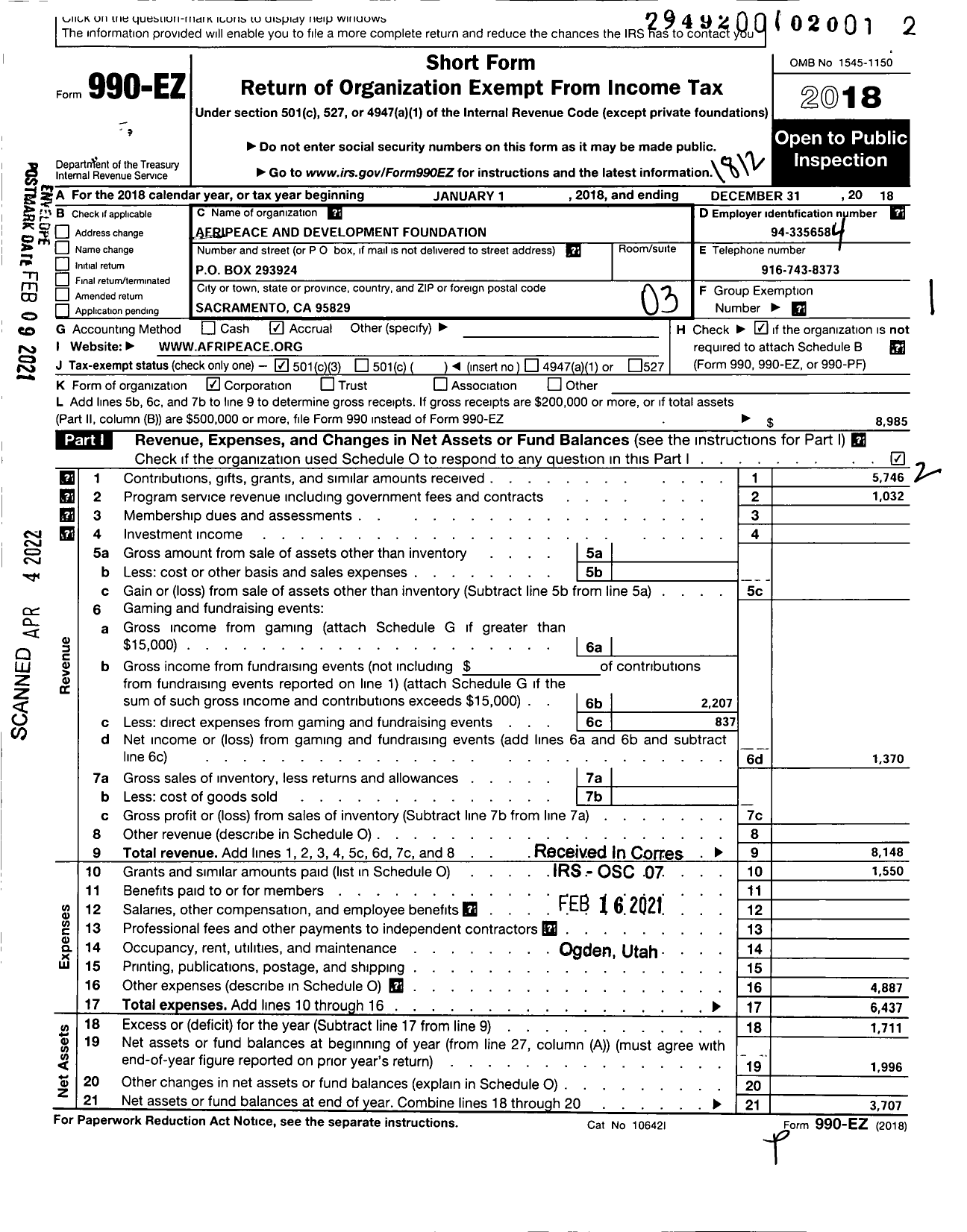 Image of first page of 2018 Form 990EZ for Afripeace and Development Foundation