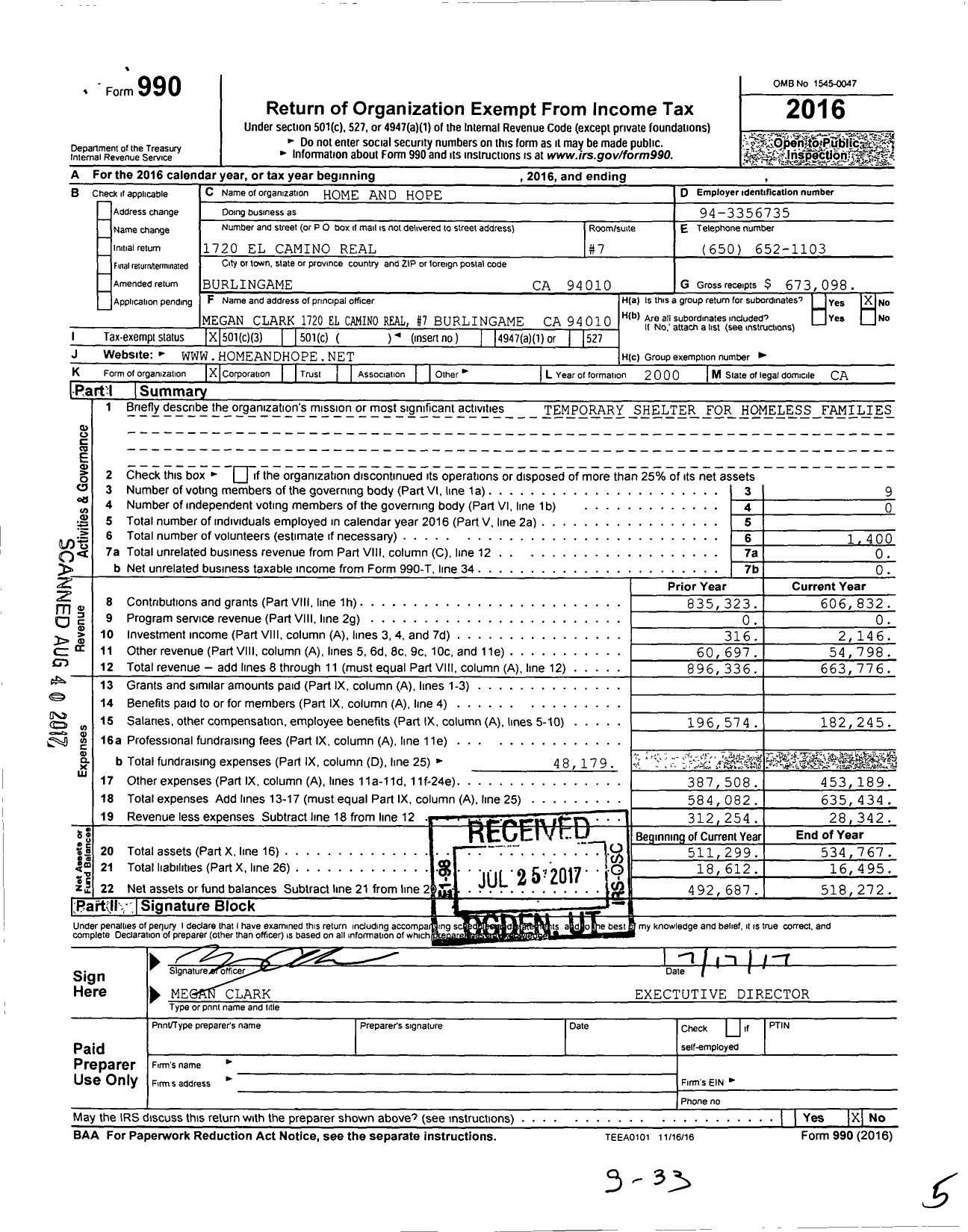 Image of first page of 2016 Form 990 for Home and Hope