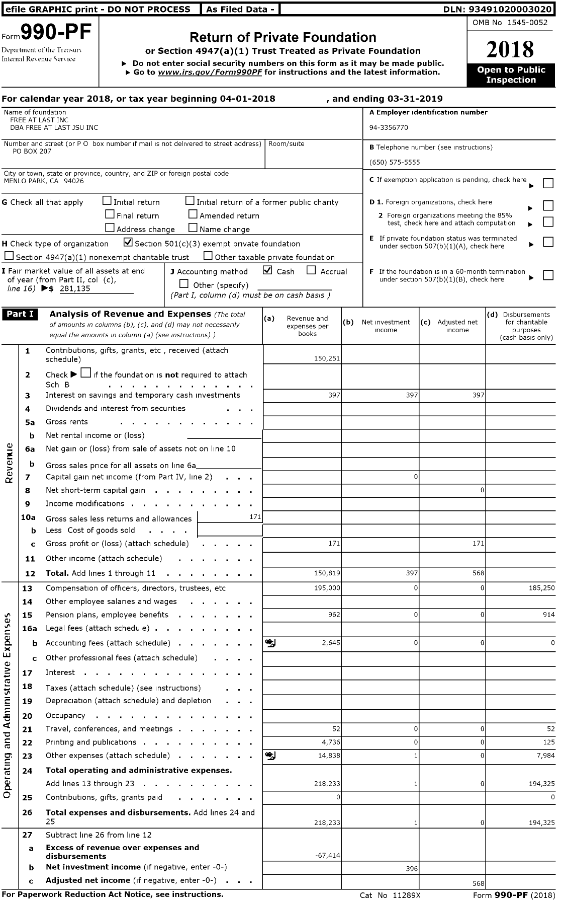 Image of first page of 2018 Form 990PR for Free at Last Jsu