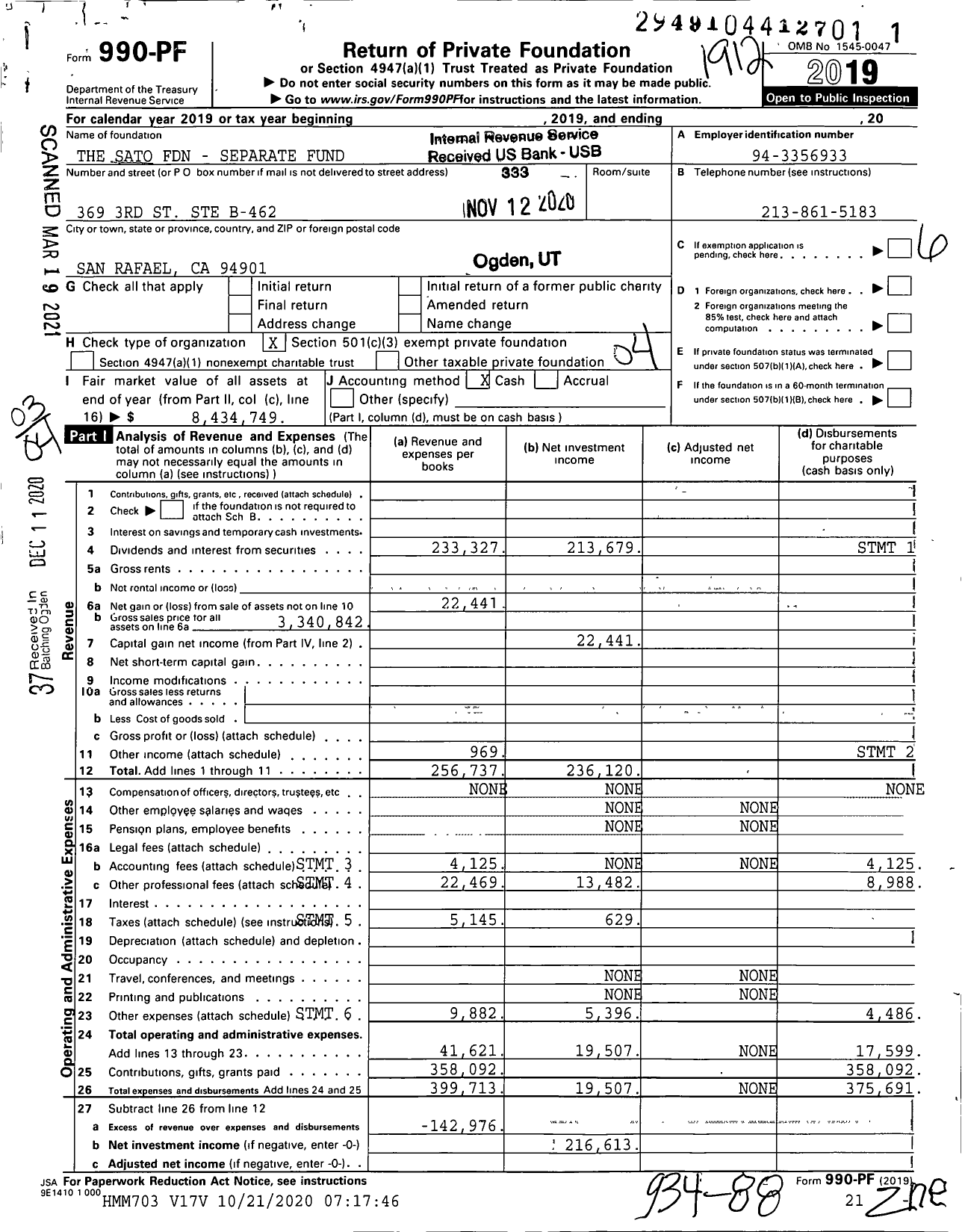 Image of first page of 2019 Form 990PF for The Sato Foundation Separate Fund