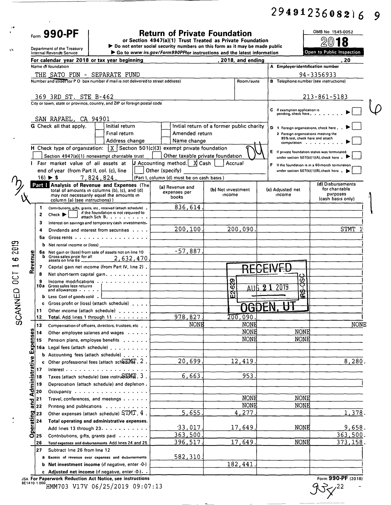 Image of first page of 2018 Form 990PF for The Sato Foundation Separate Fund