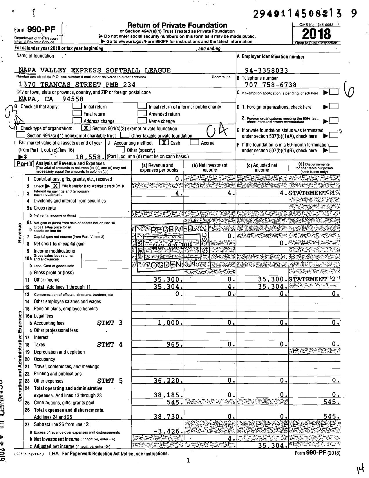 Image of first page of 2018 Form 990PF for Napa Valley Express Softball League