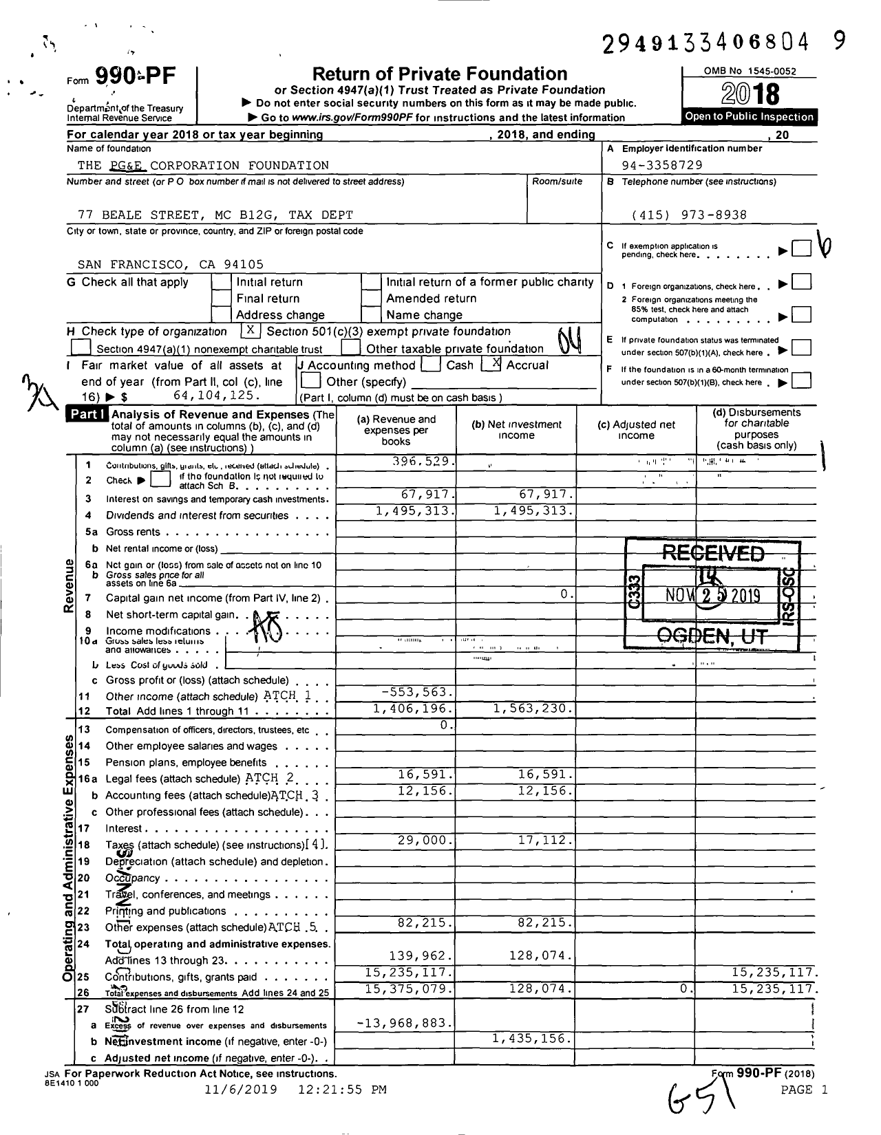 Image of first page of 2018 Form 990PF for PG&E Corporation Foundation