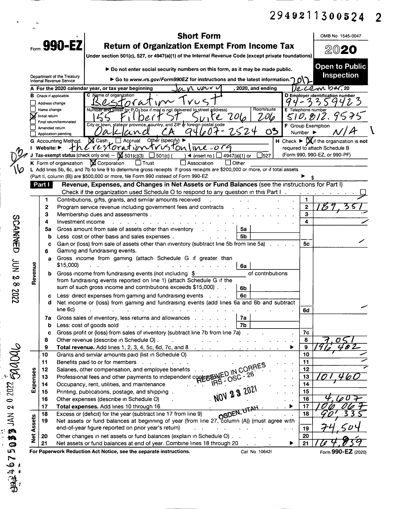 Image of first page of 2020 Form 990EZ for Restoration Trust