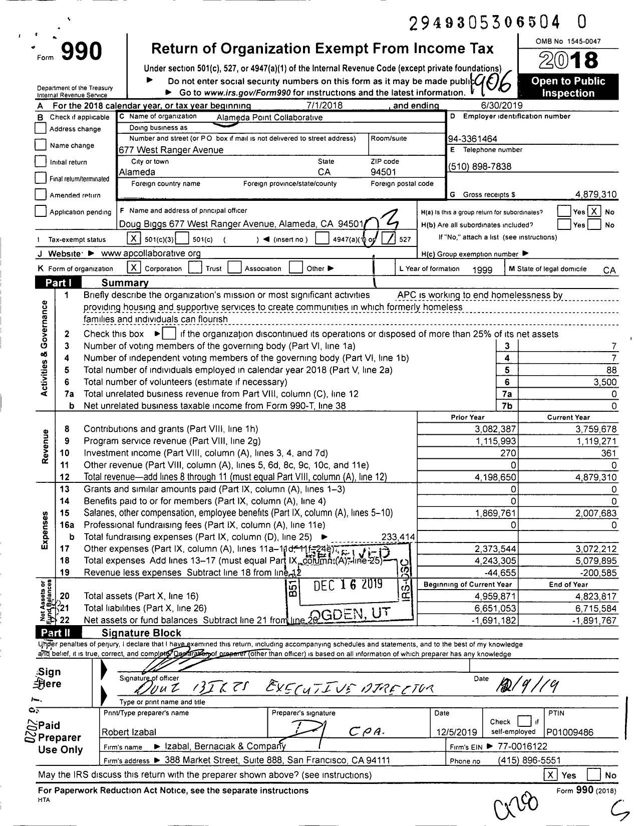 Image of first page of 2018 Form 990 for Alameda Point Collaborative (APC)