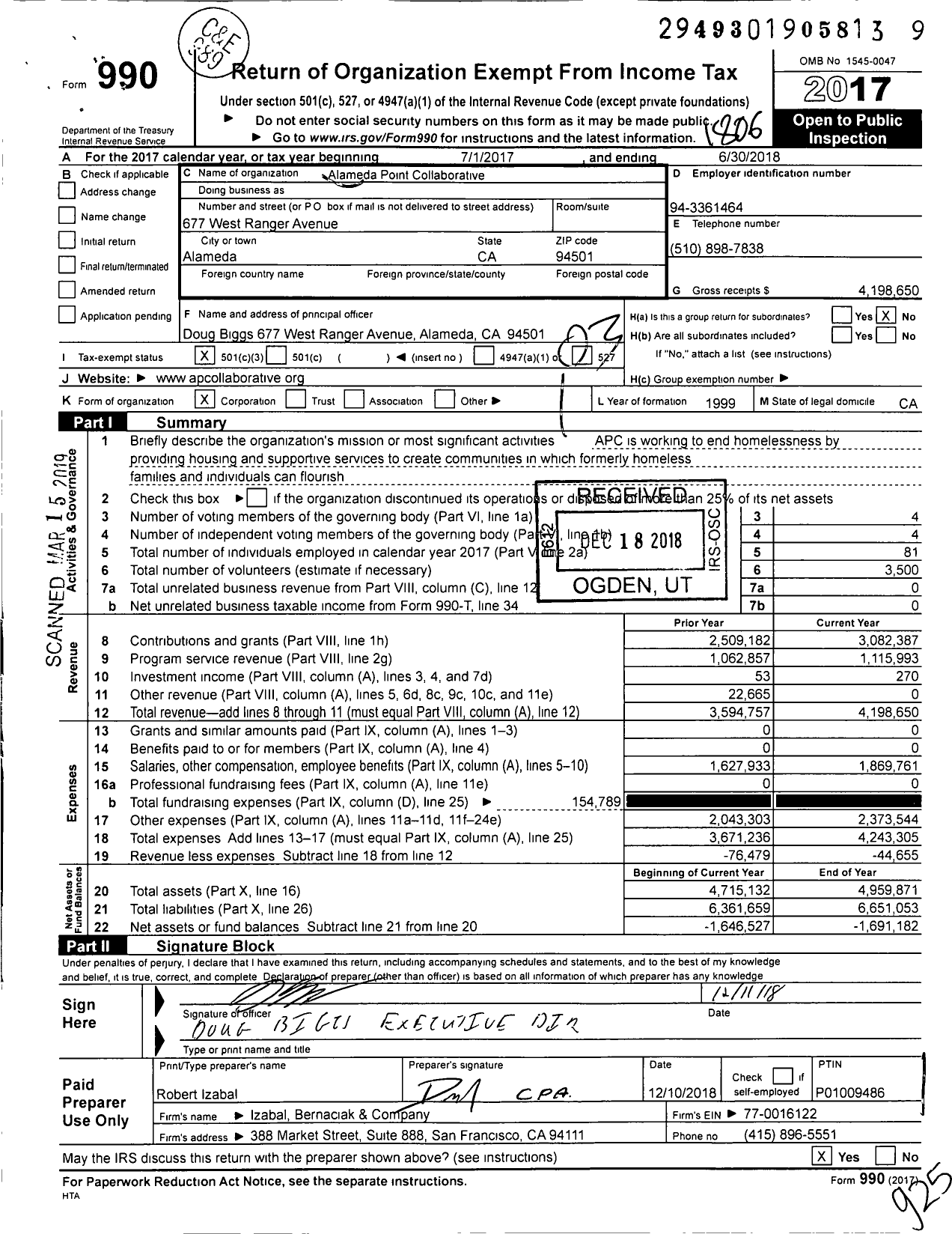 Image of first page of 2017 Form 990 for Alameda Point Collaborative (APC)