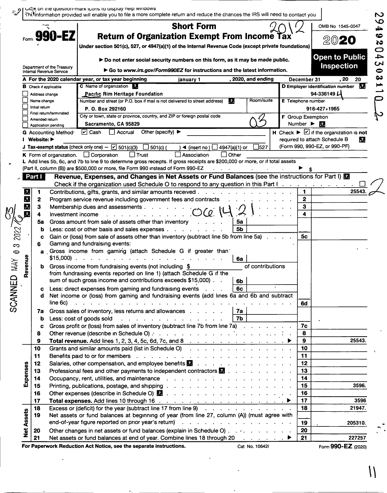 Image of first page of 2020 Form 990EZ for Pacific Rim Heritage Foundation