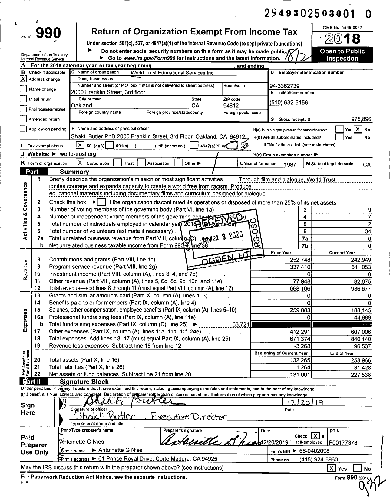 Image of first page of 2018 Form 990 for World Trust Educational Services