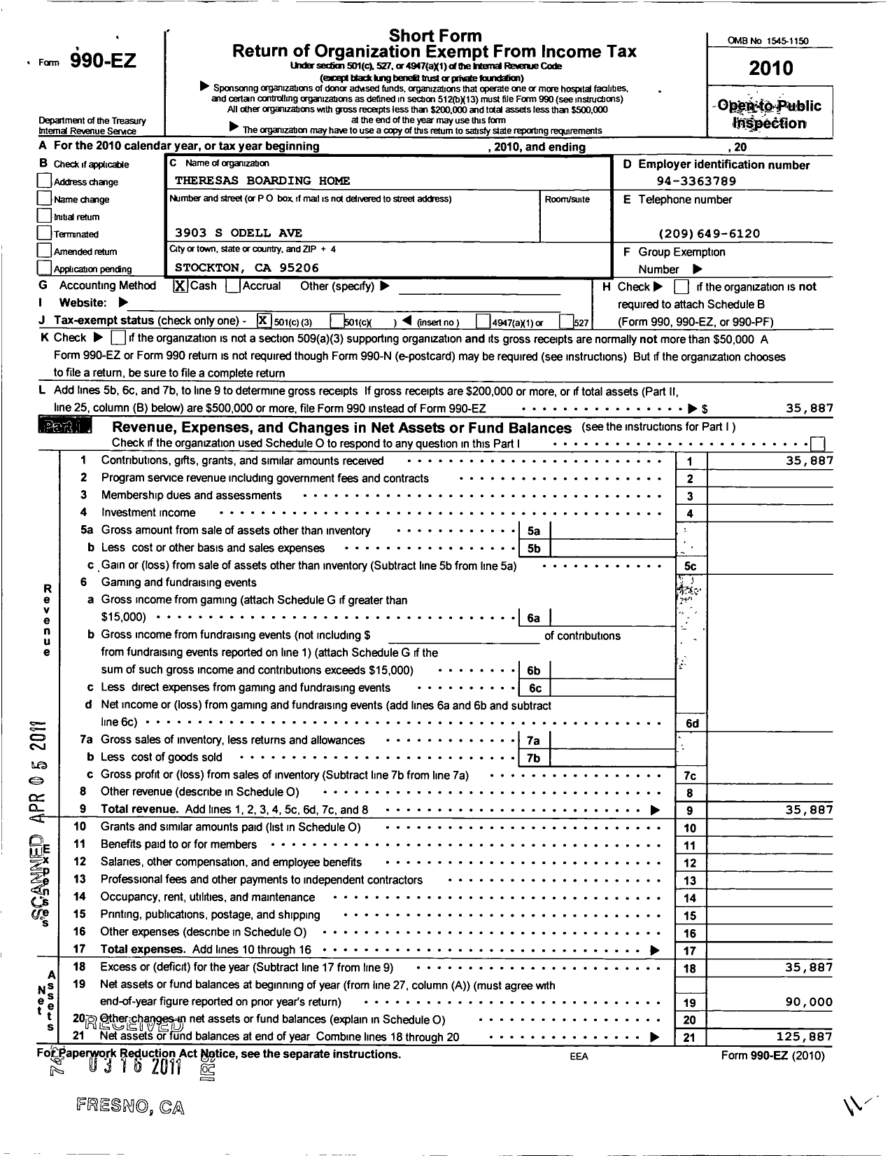 Image of first page of 2010 Form 990EZ for Theresas Boarding Home