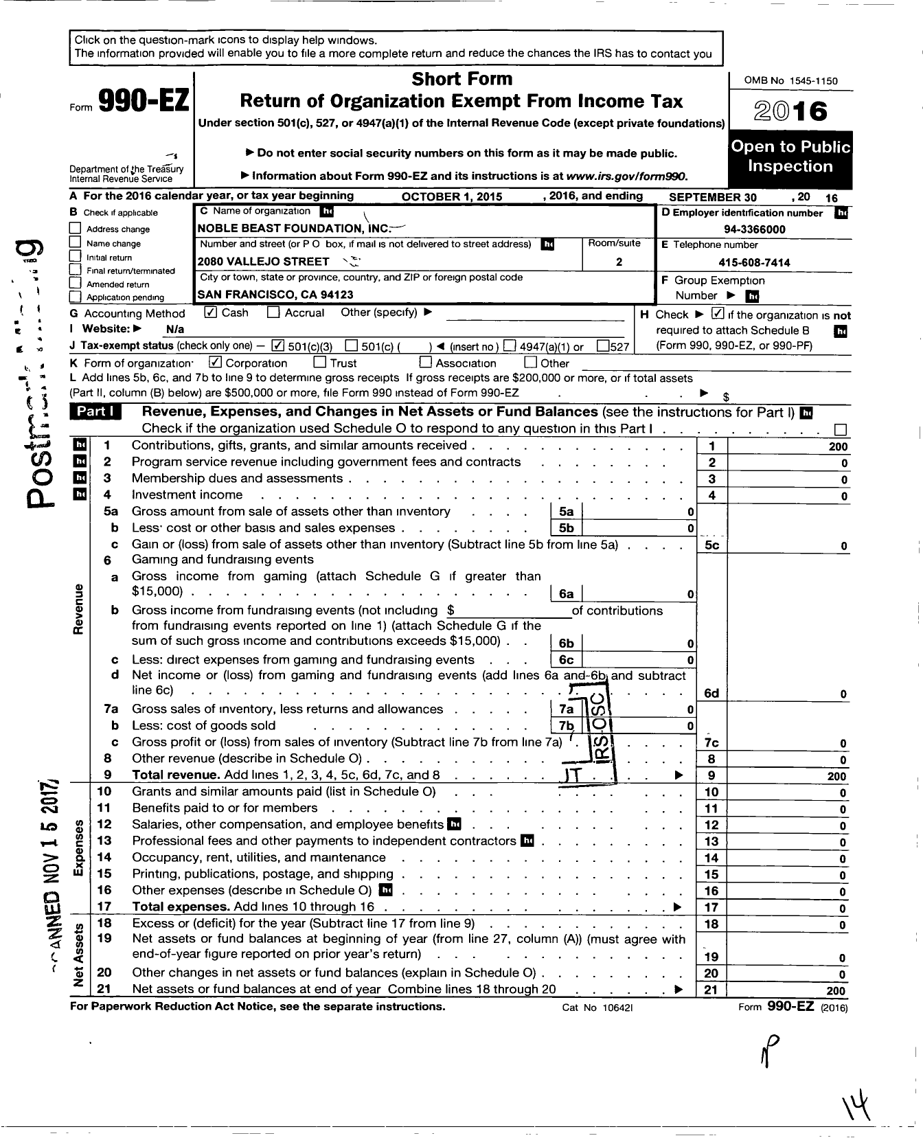 Image of first page of 2015 Form 990EZ for Noble Beast Foundation