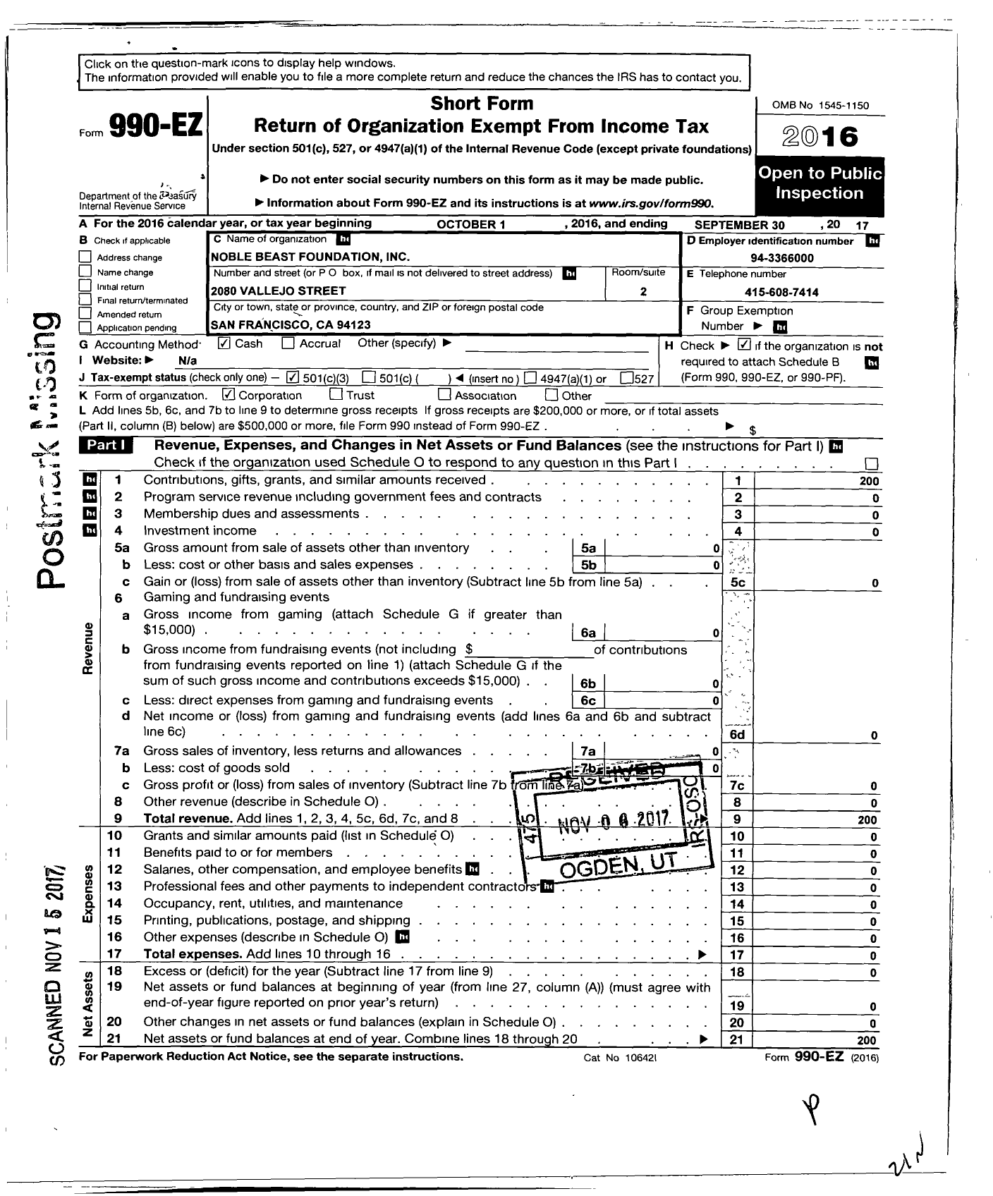 Image of first page of 2016 Form 990EZ for Noble Beast Foundation