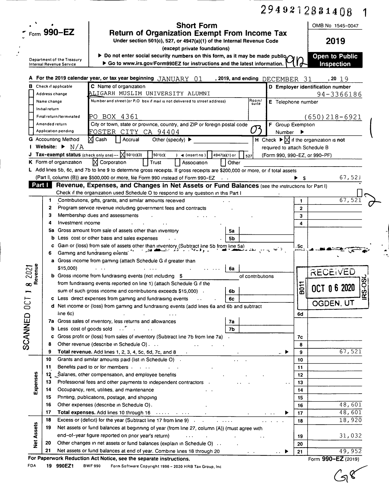 Image of first page of 2019 Form 990EZ for Aligarh Muslim University Alumni Association of Nothern California