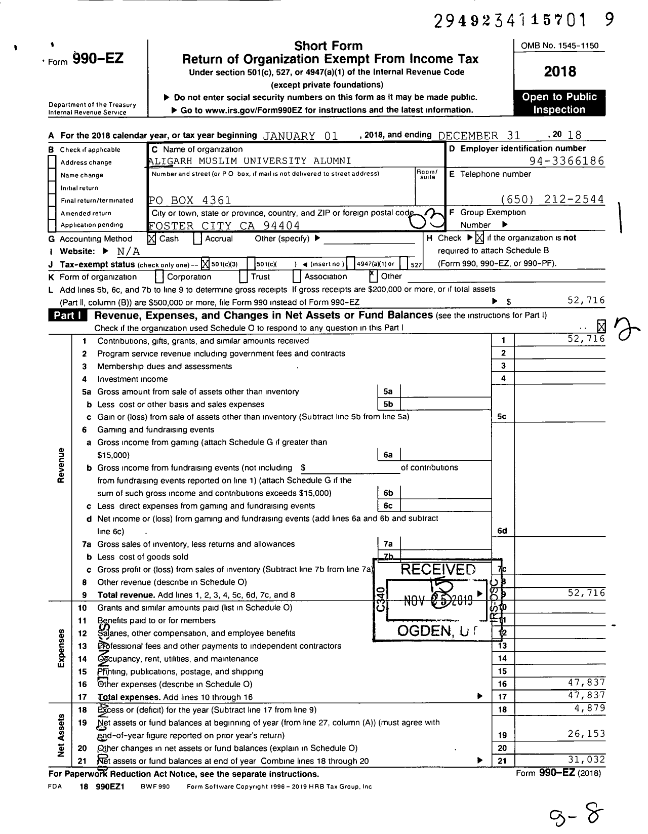 Image of first page of 2018 Form 990EZ for Aligarh Muslim University Alumni Association of Nothern California