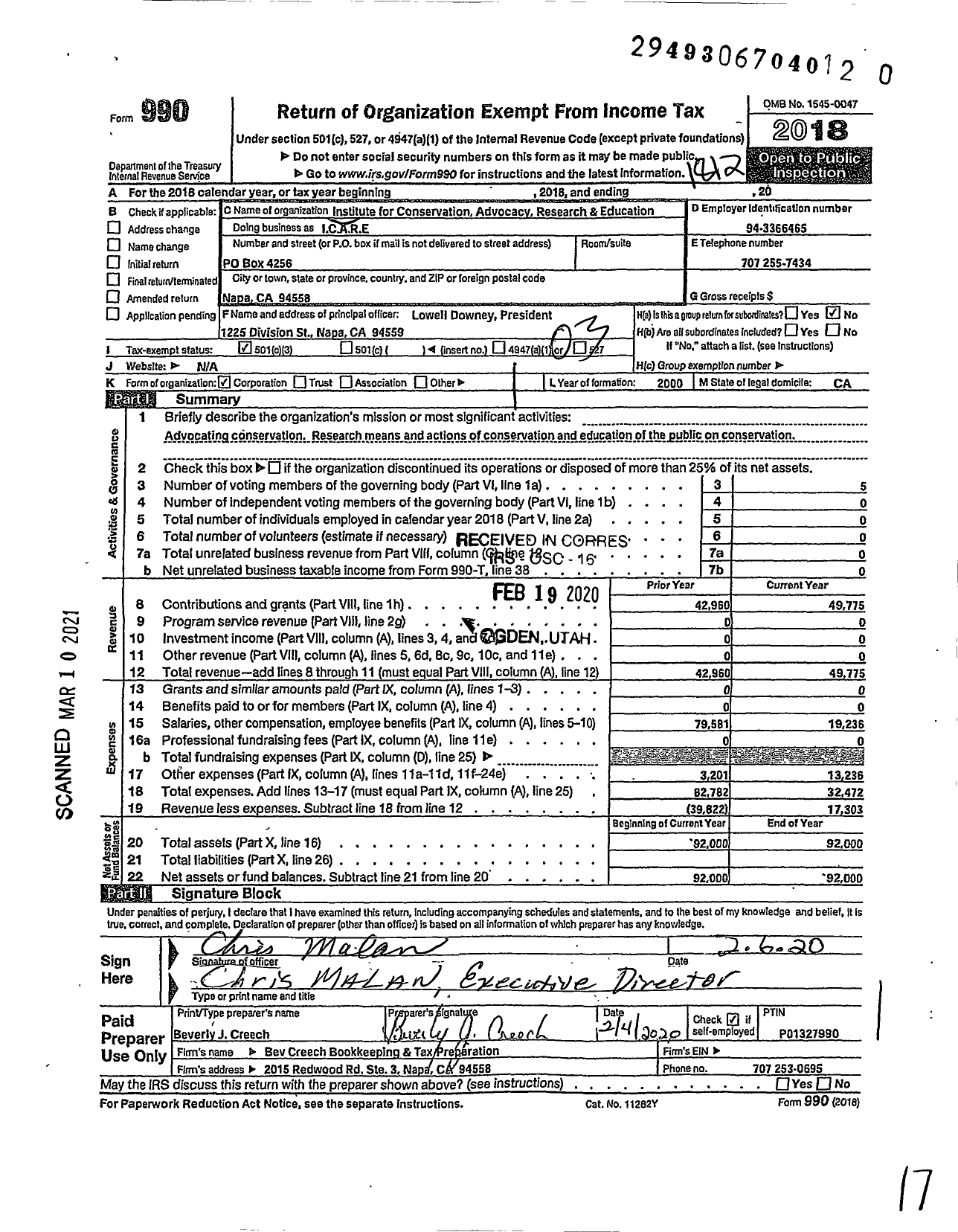 Image of first page of 2018 Form 990 for Institute for Conservation Advocacy Research and Education