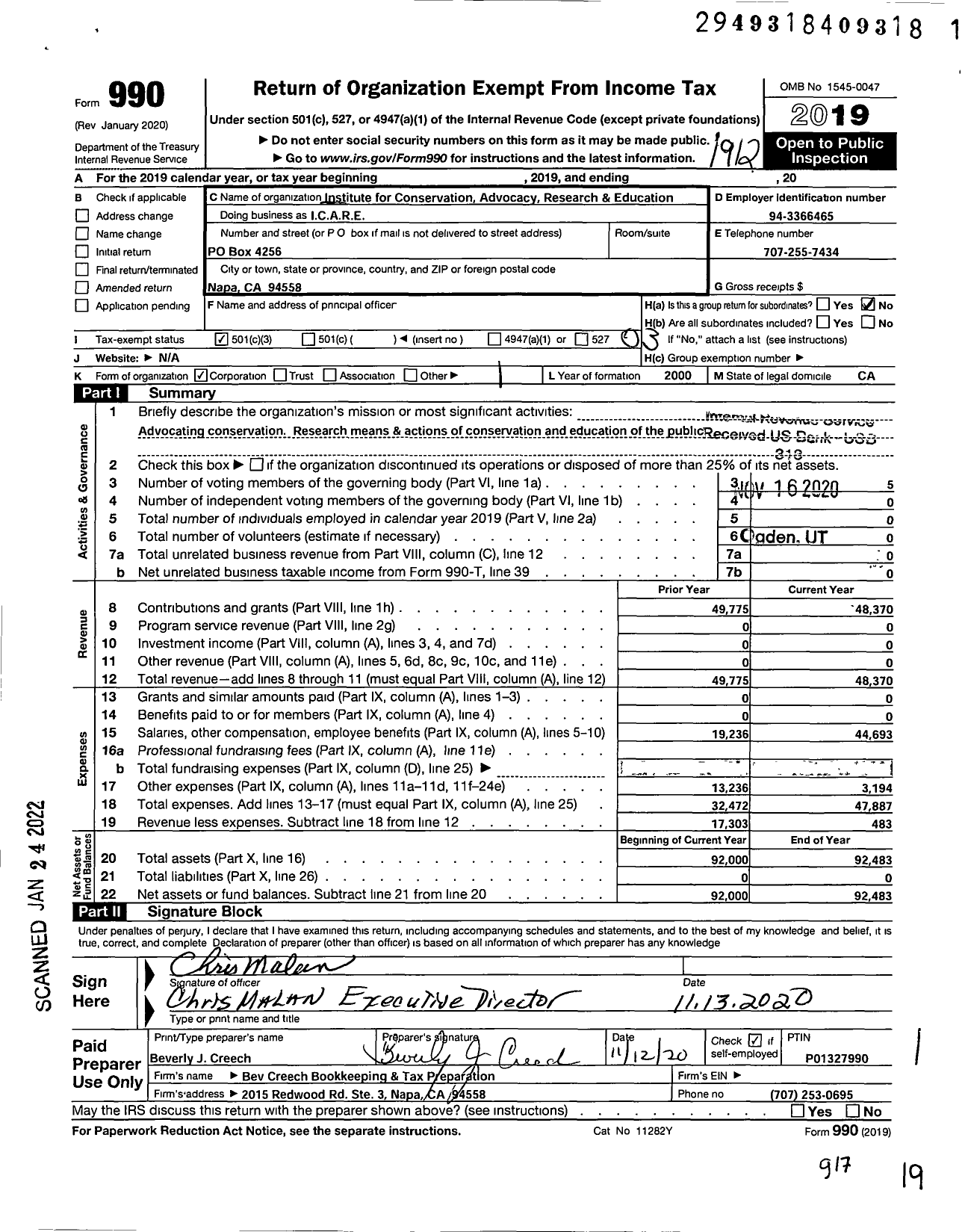 Image of first page of 2019 Form 990 for Institute for Conservation Advocacy Research and Education