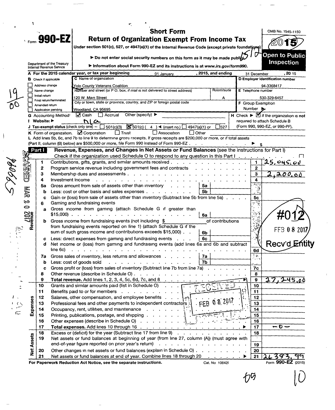 Image of first page of 2015 Form 990EO for Yolo County Veterans Coalition