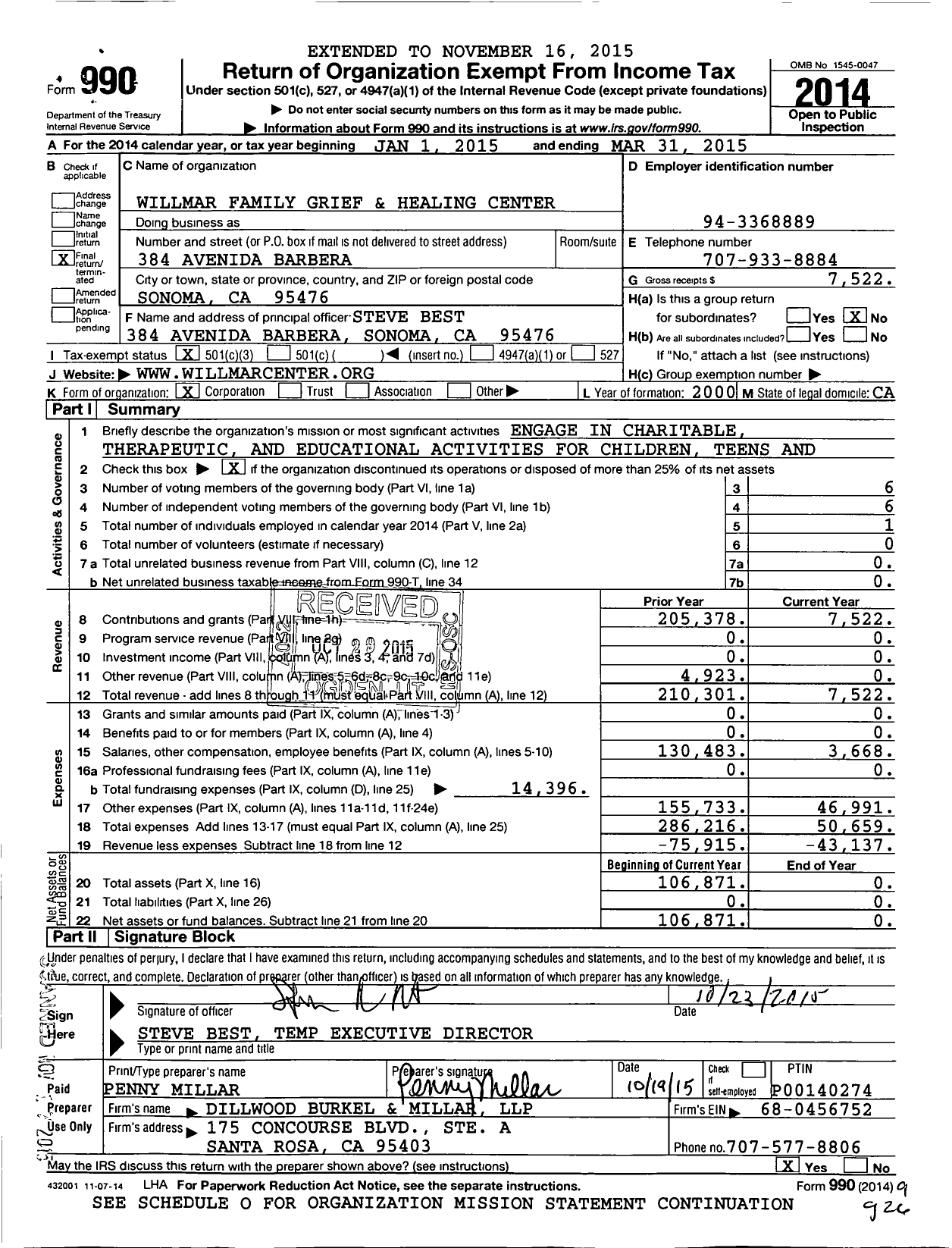 Image of first page of 2014 Form 990 for Willmar Family Grief and Healing Center